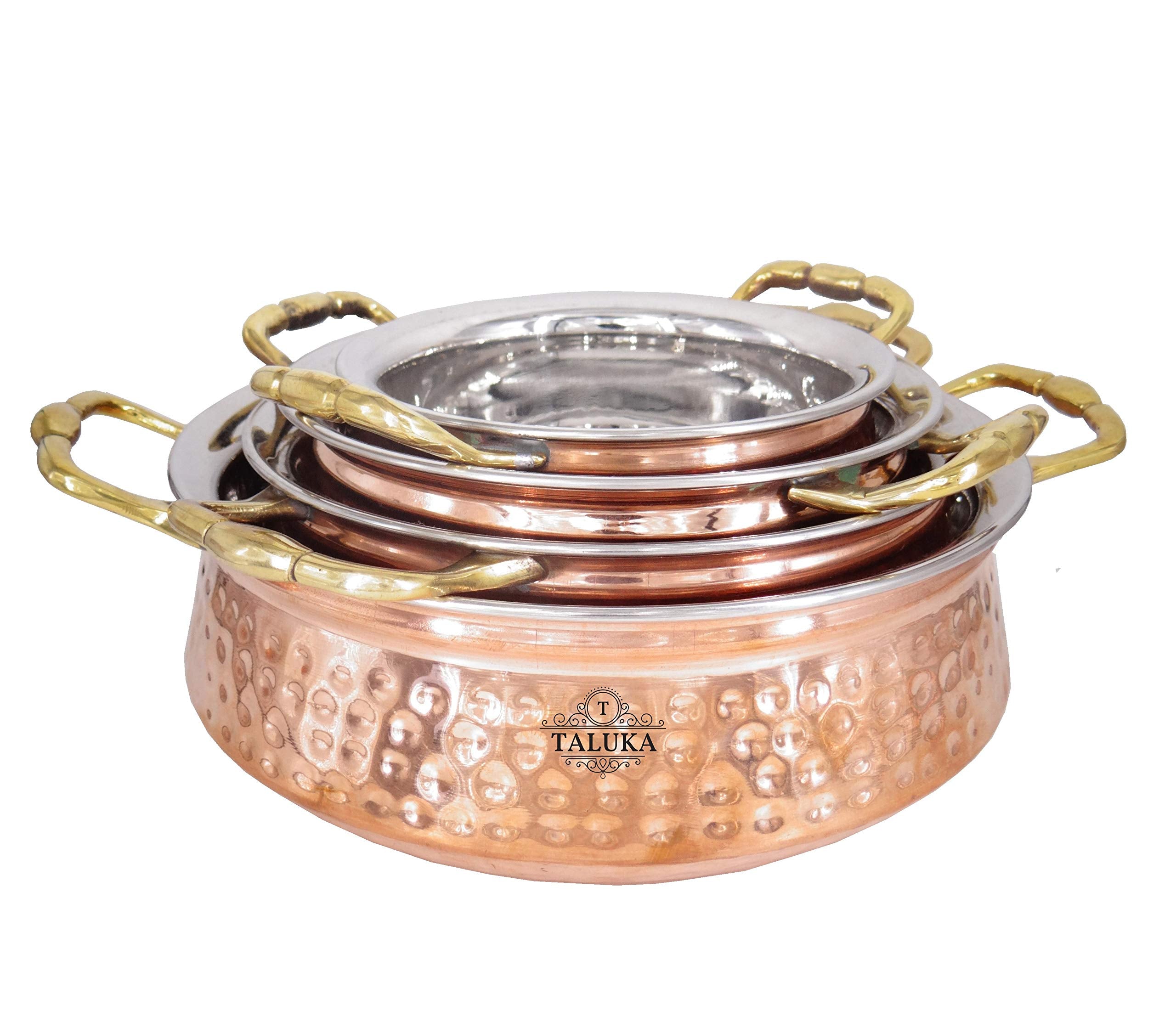 Taluka Handmade Copper Stainless Steel 4 Pc Handi Set With Brass Handle Serving Dishes Indian Food Home Hotel Restaurant Tablewa