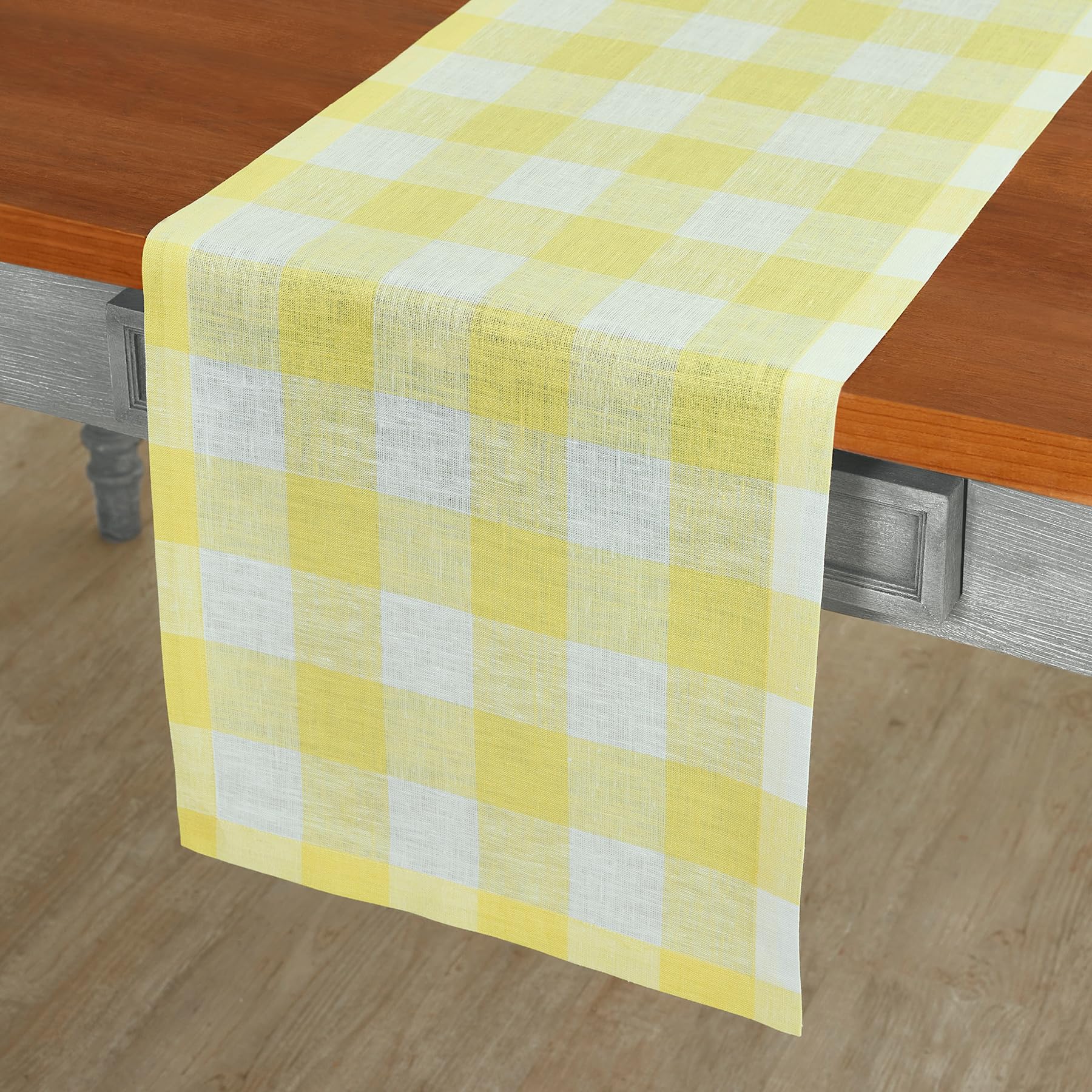 Solino Home Linen Check Table Runner 120 Inches Long - 100% Pure Linen Yellow And White Spring Buffalo Plaid Table Runner 14 X 1