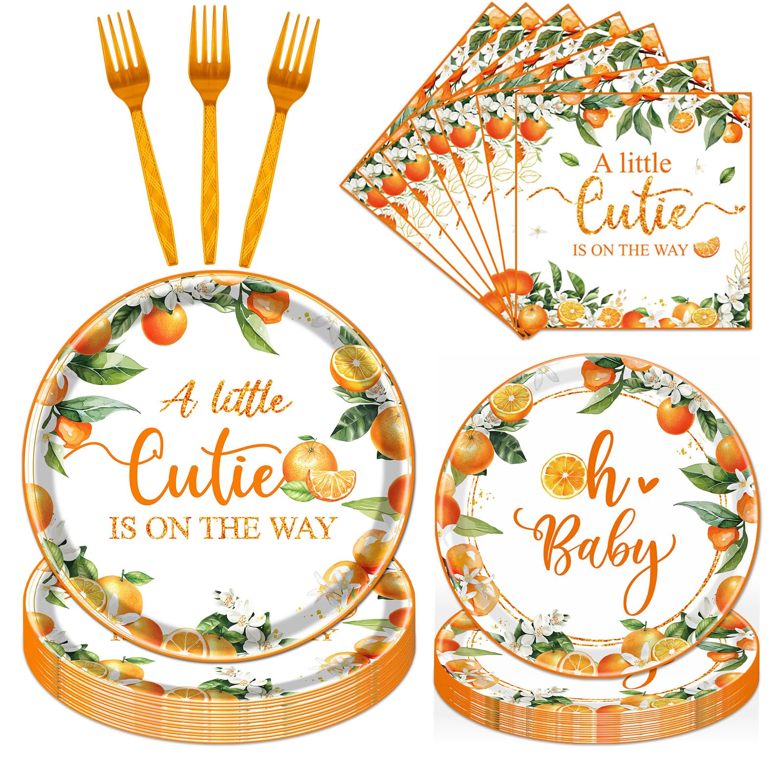 refavor A Little Cutie Is On The Way Baby Shower Tableware, 96PCS Cute Orange Party Plates Napkins and Forks Set Supplies, Dispo