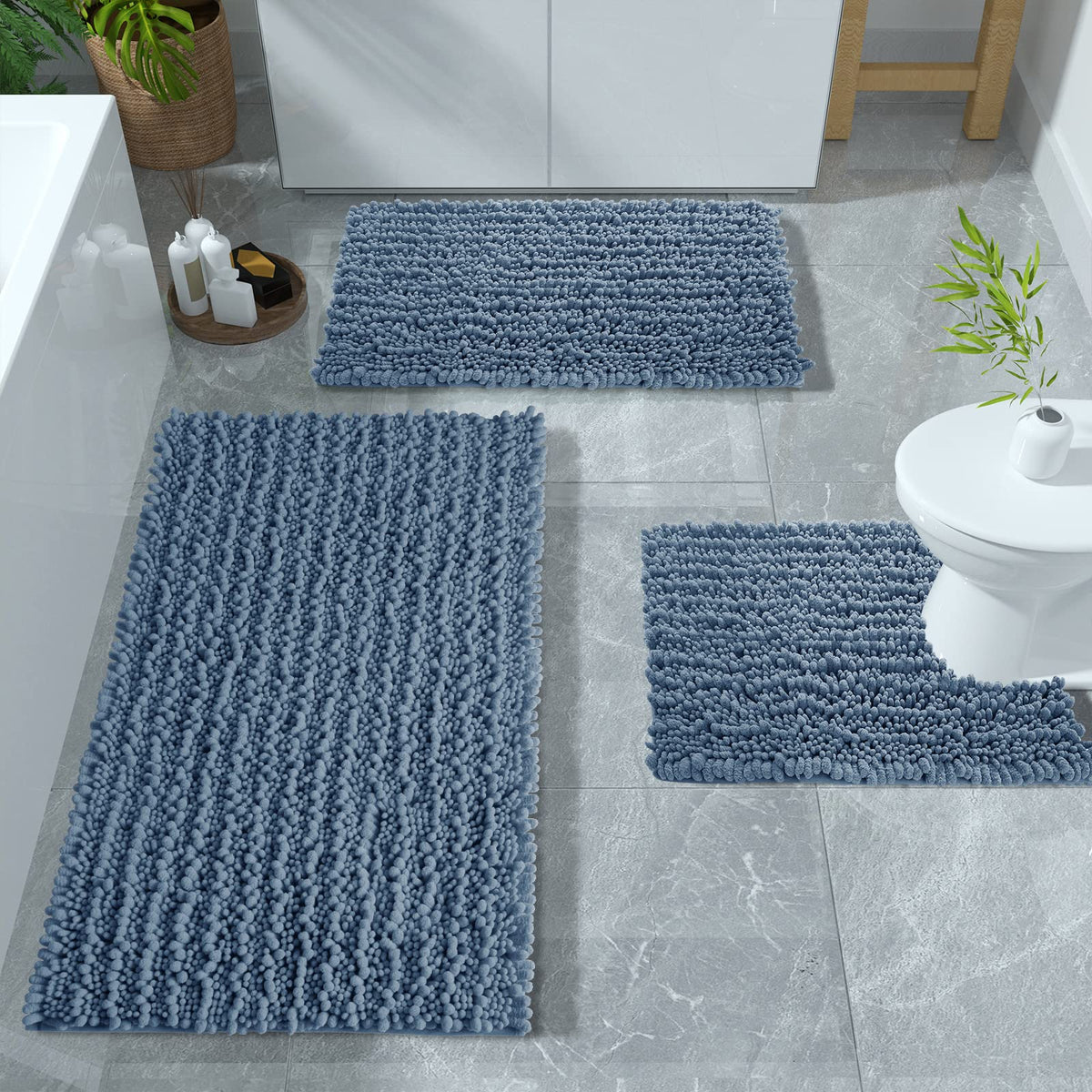 Yimobra Bathroom Rugs Sets 3 Piece, Fluffy Plush Chenille Baht Room Mats Set With Toilet Rug U Shaped, Shaggy Absorbent Non Slip