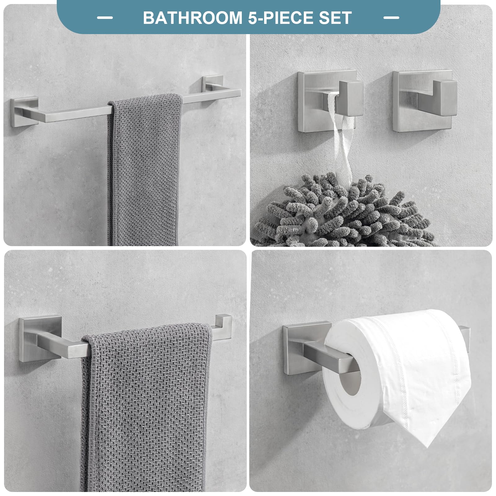 Towel Bar Set 5 Pieces Brushed Nickel Bathroom Hardware Set Includes 23.6 Inch Towel Bar Toilet Paper Holder Towel Ring Towel Ho