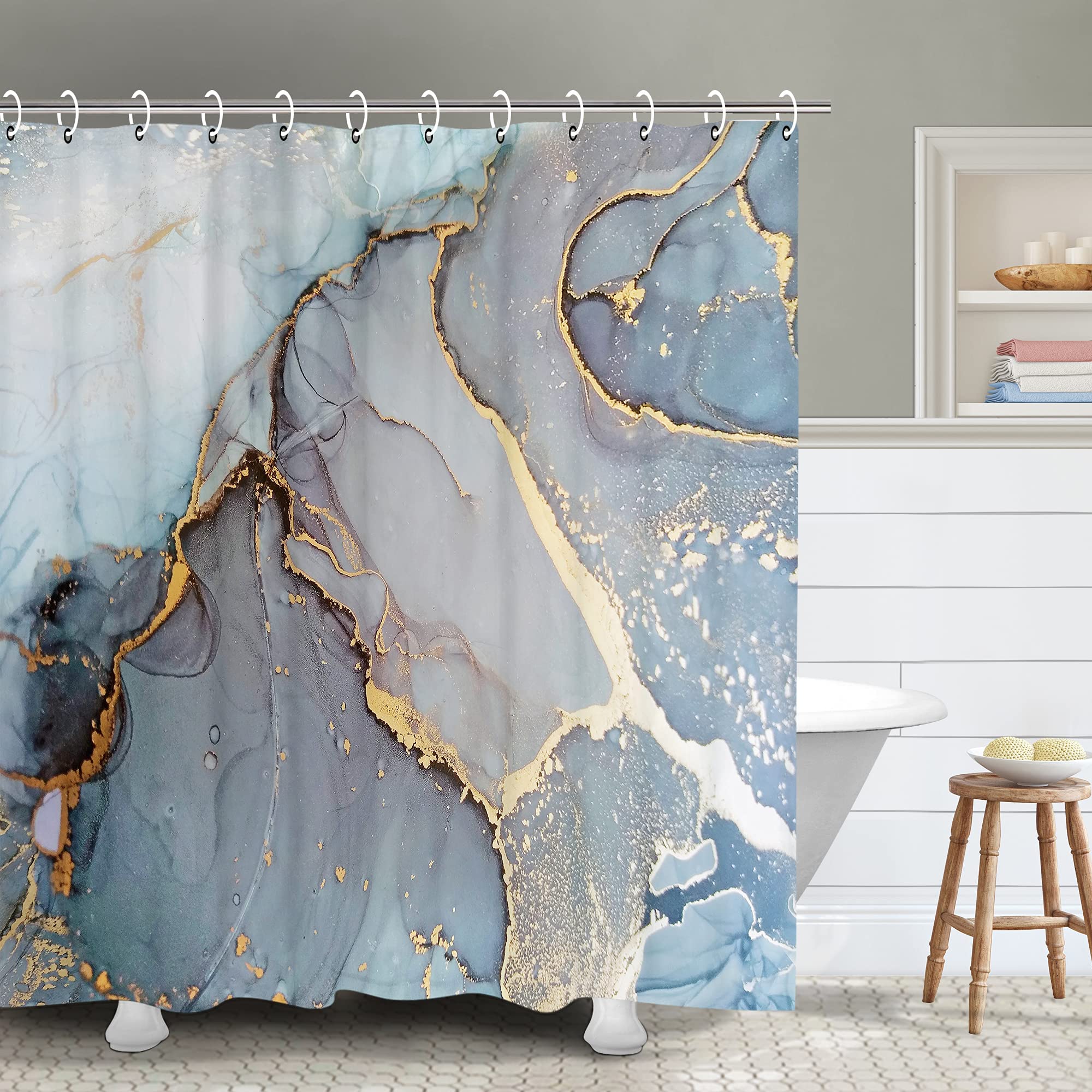 RosieLily Marble Shower Curtain, Abstract Shower Curtains, Blue Ombre Shower Curtains Set with 12 Hooks, Decor Waterproof Bathro