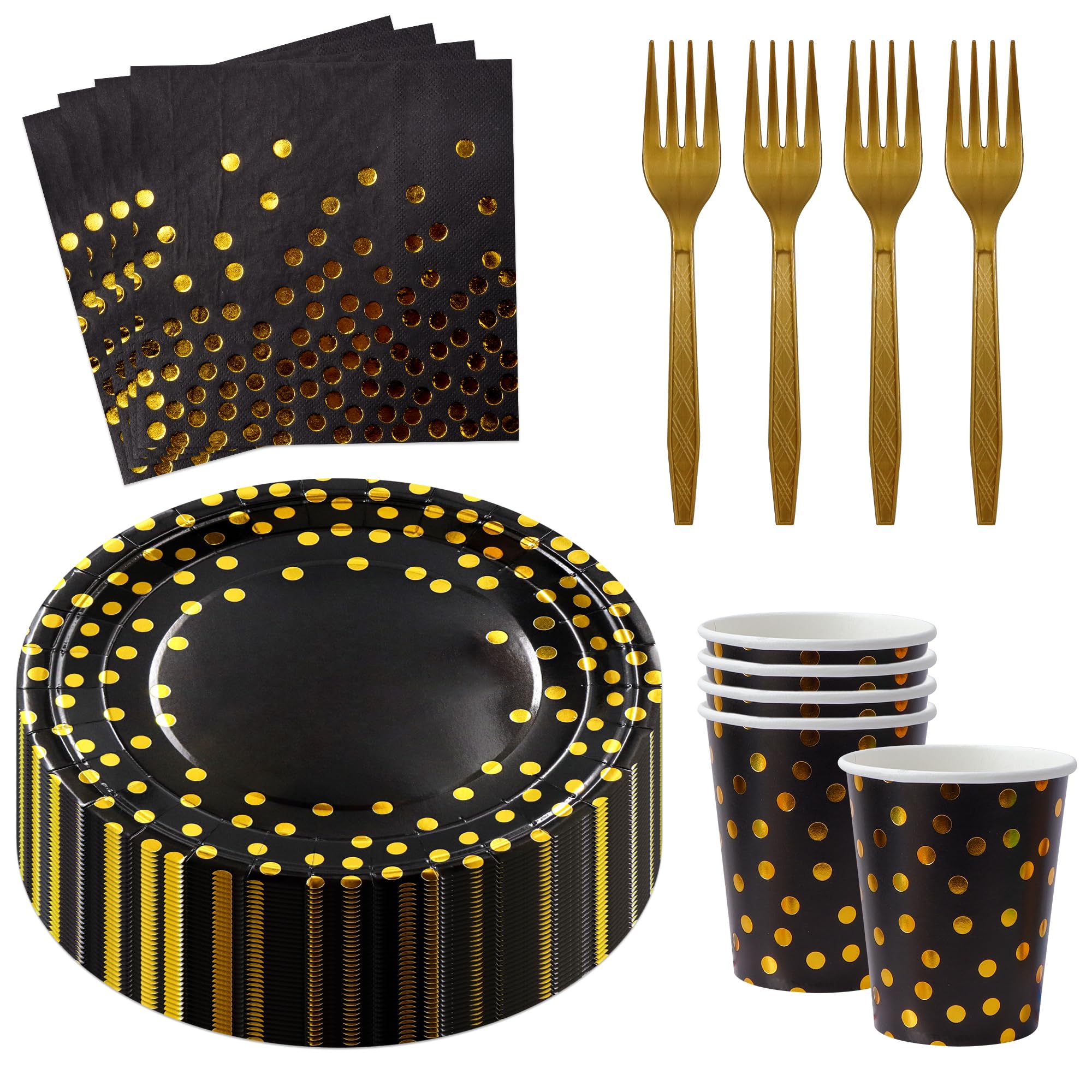 Sveikie 160 Pcs Black and Gold Paper Plates, Forks and Cups Party Supplies, black birthday plates Tableware Supplies for Birthda