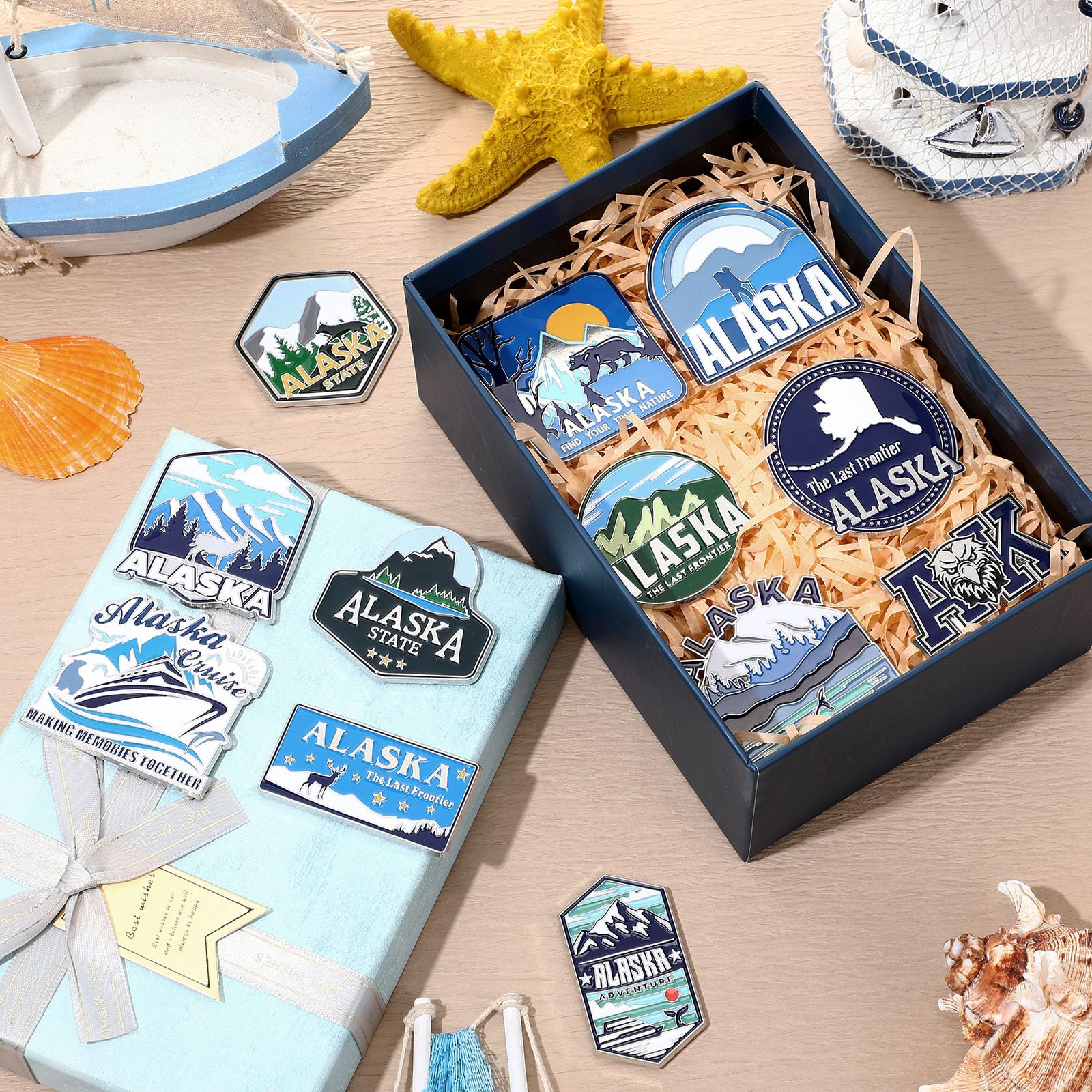 Konohan 24 Pcs Alaska Magnets for Refrigerator Metal Fridge Magnet Magnetic Alaska Souvenirs Gifts USA State Magnetic US City Re