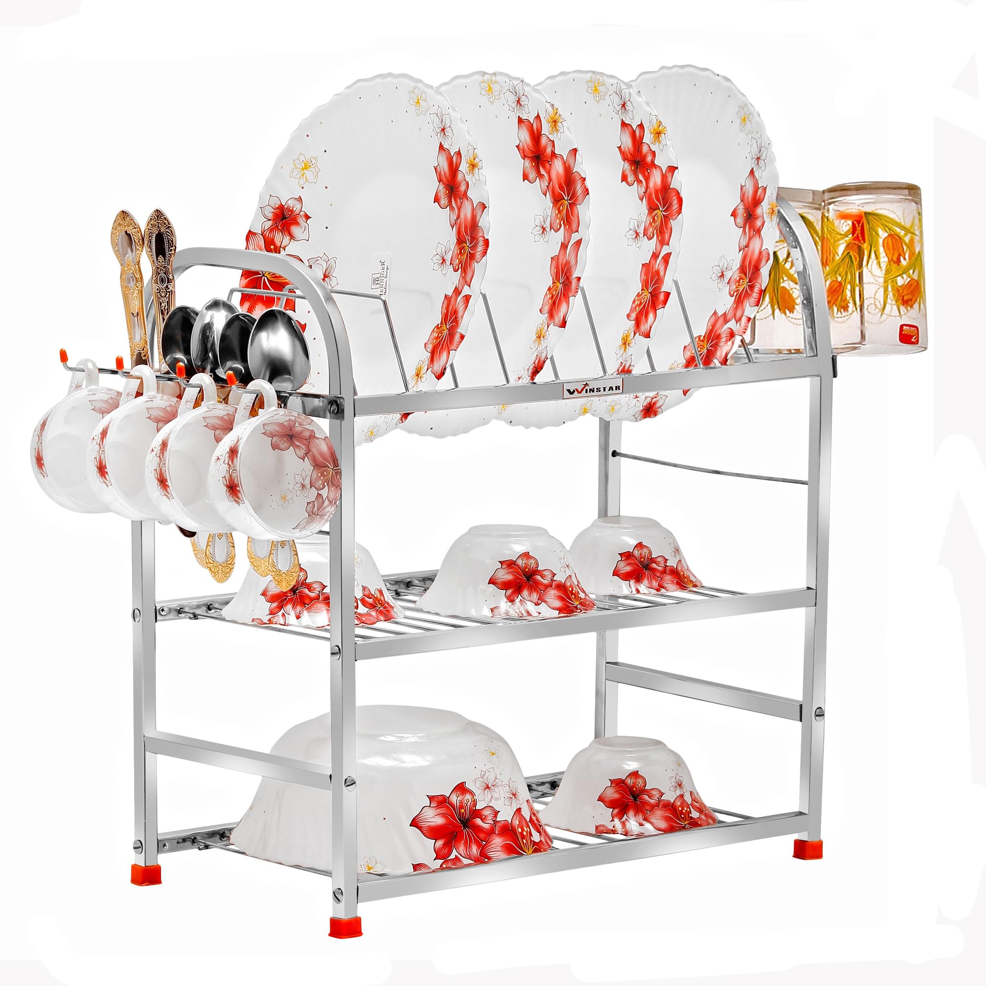 Winstar Stainless Steel 3 Shelf Wall Mount Kitchen Utensils Rack | Dish Rack With Plate & Cutlery Stand | Modular Kitchen Storag