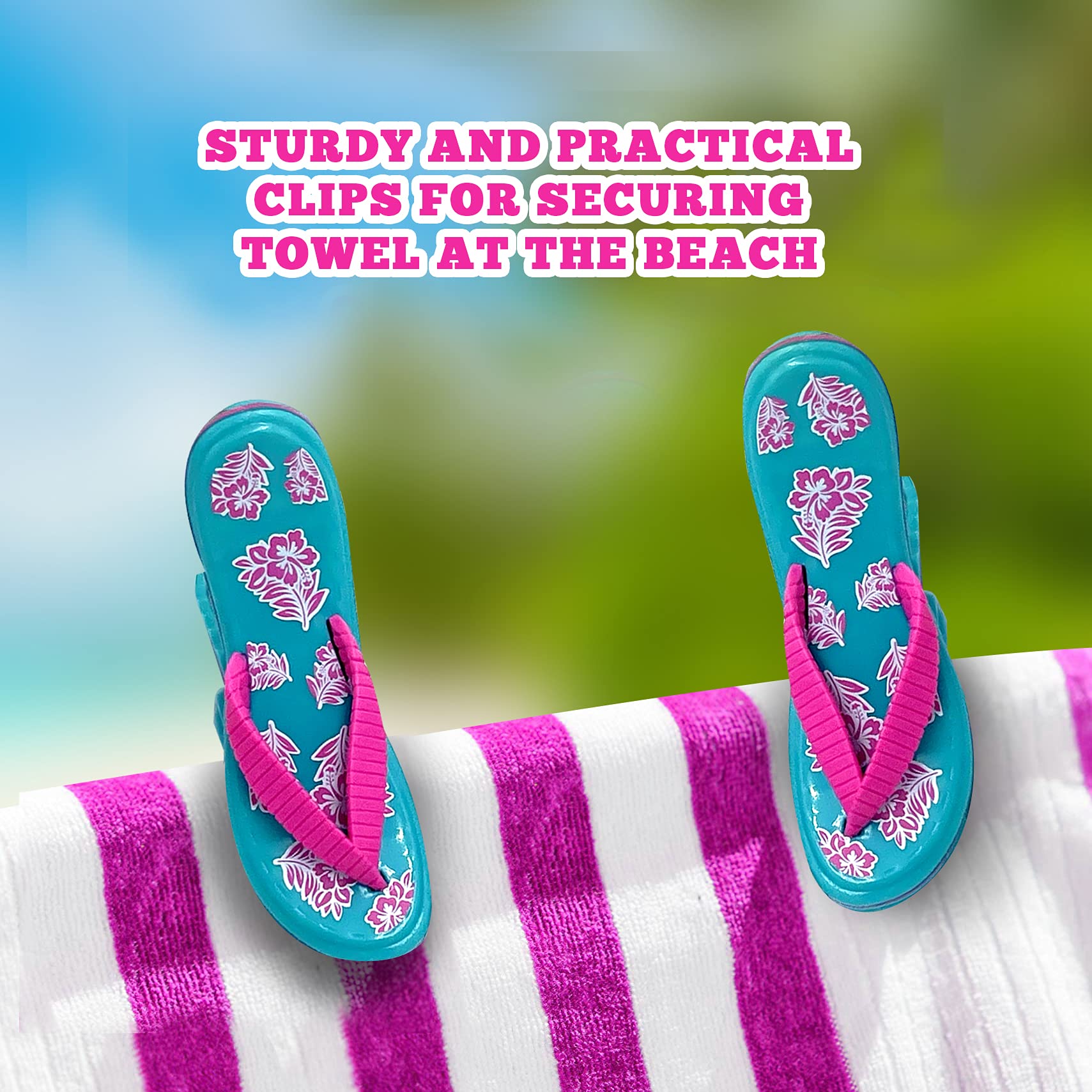 PERFORMORE Flip Flop Beach Towel Clips (Pink Strap)  Set of 2  Portable Towel Holder Clips  Secure Clips for Beach Chairs Deck Patio Pool Boat Cruise Lounge Chair Accessories