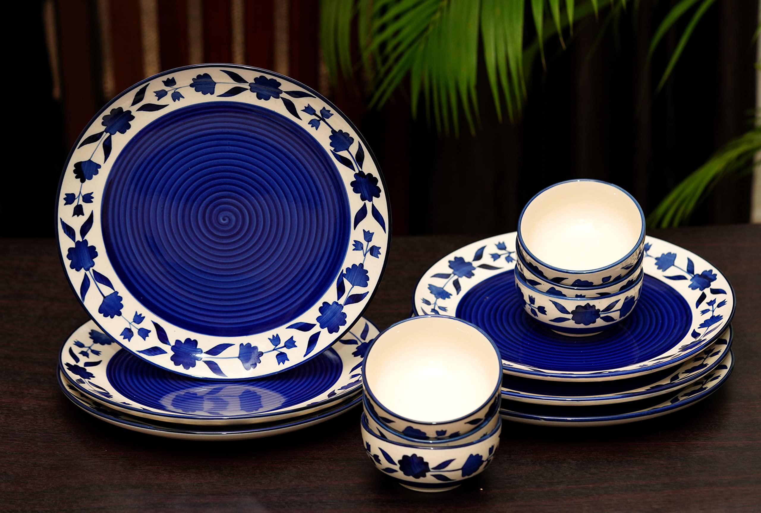 Yourowndcor Handcrafted Ceramic Blue Floral 12 Pieces Dinner Set - 6 Full Plate 10 inch, 6 Serving Bowls 4 inch| Microwave Safe,