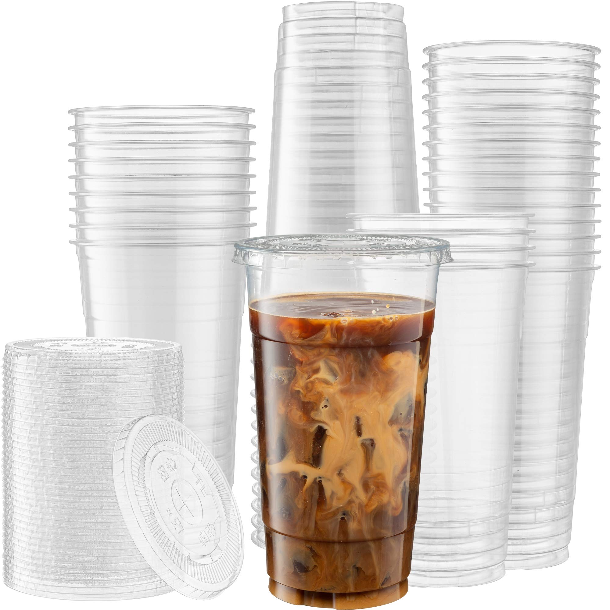 Elegant Disposables [50 Sets - 32 Oz] Crystal Clear Pet Plastic Cups With Flat Lids For Iced Coffee, Milkshake, Cold Drinks, Slu