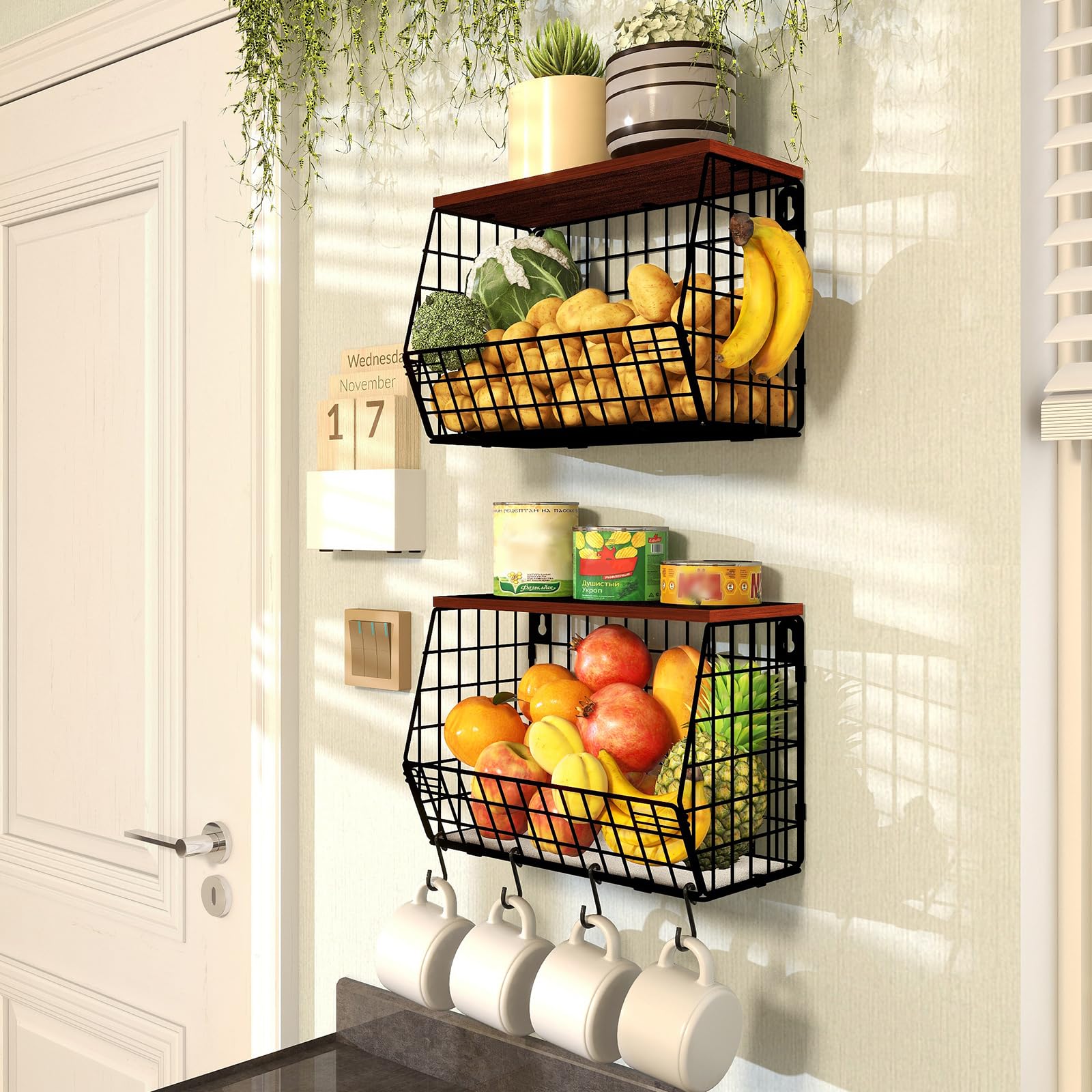 Mefirt 2Pcs Fruit Basket Kitchen Storage Wire Baskets With Wood Lid, Stackable Wall-Mounted Countertop Kitchen Counter Organizer