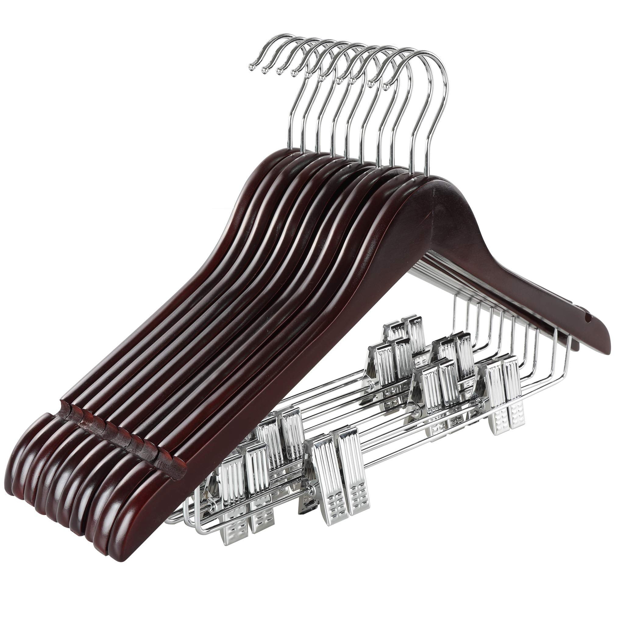 Topia Hanger Wooden Suit Hangers With Adjustable Metal Clips (10 Pack), Solid Wood Clothes Hangers, 360 Swivel Hook, Premium Pan