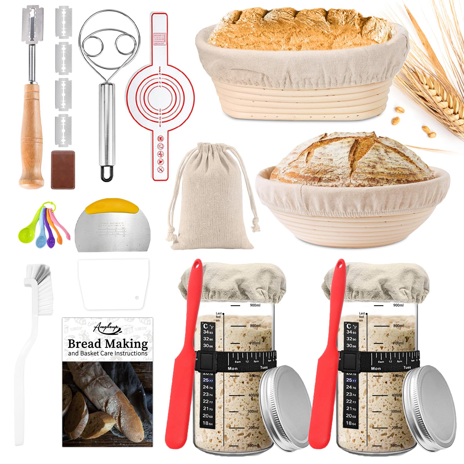 Amgkonp 22Pack 35Oz Sourdough Starter Jar Kit With 9 Inch Round & 10 Inch Oval Banneton Bread Proofing Basket Set,Scraper,Sourdo