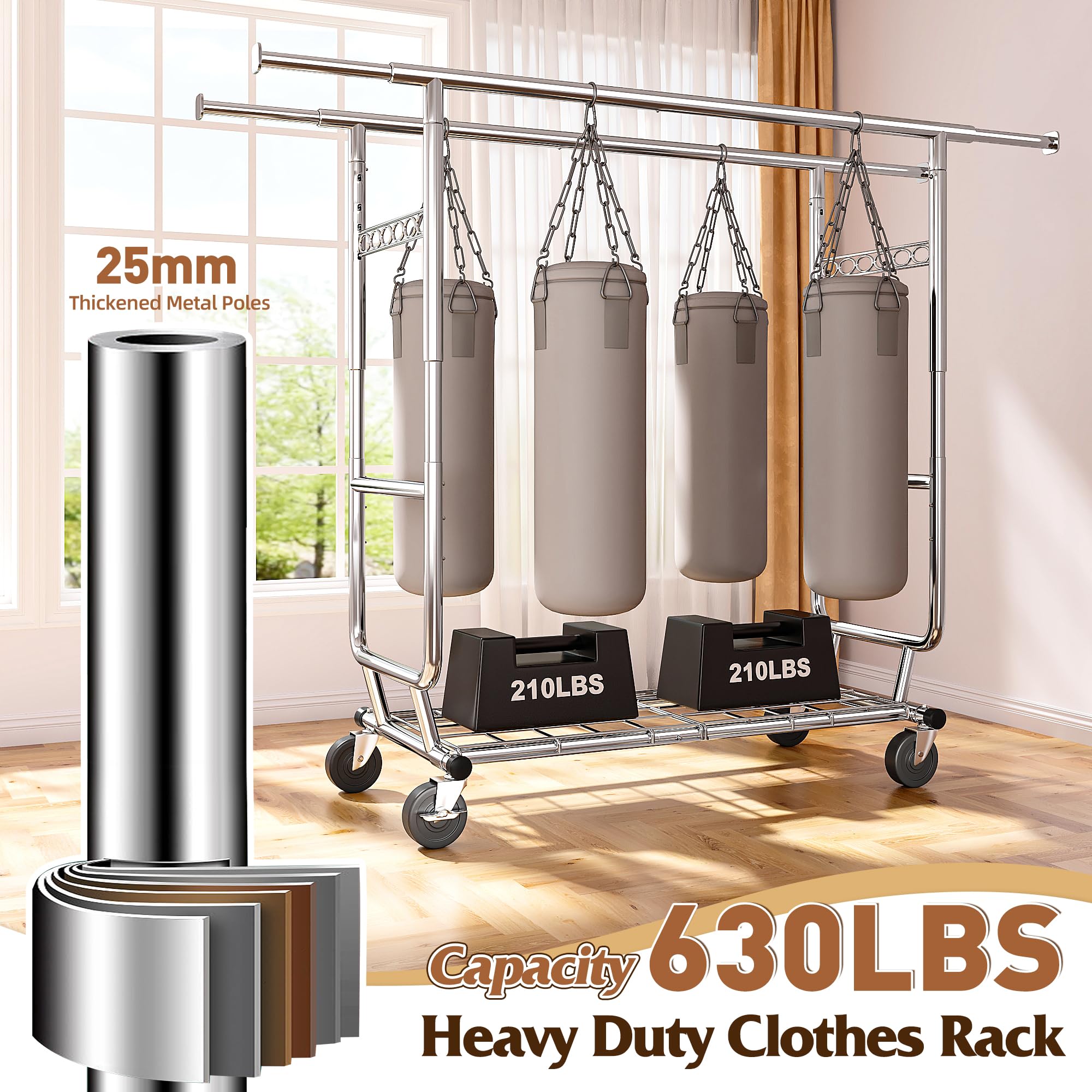 Raybee Clothes Rack Heavy Duty Holds 610LBS Rolling Clothing Racks for Hanging Clothes Portable Clothes Rack Metal Clothing Rack with Wheels Collapsible & Commercial Garment Rack Heavy Duty