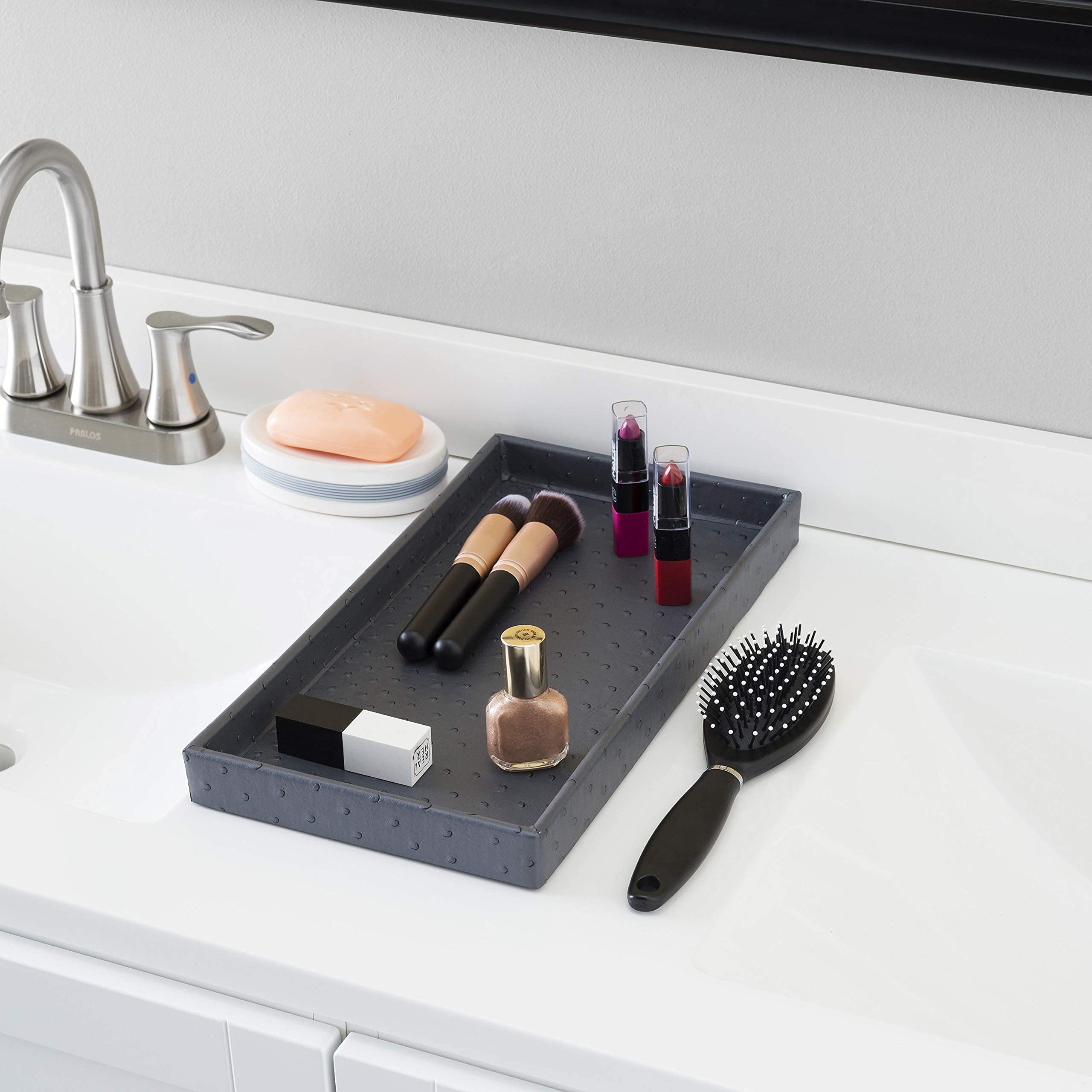 Home Basics Leather Vanity Tray, Decorative Multi-Purpose Rectangular Organizer For Dresser, Dressing Table, Bathroom & Bedroom,