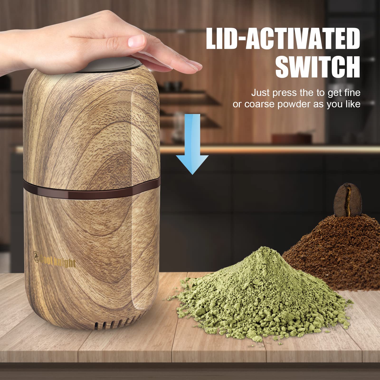 Cool Knight Herb Grinder [Large Capacity/Fast/Electric ]-Spice Herb Coffee Grinder With Pollen Catcher/- 7.5'' (Wood Grain)