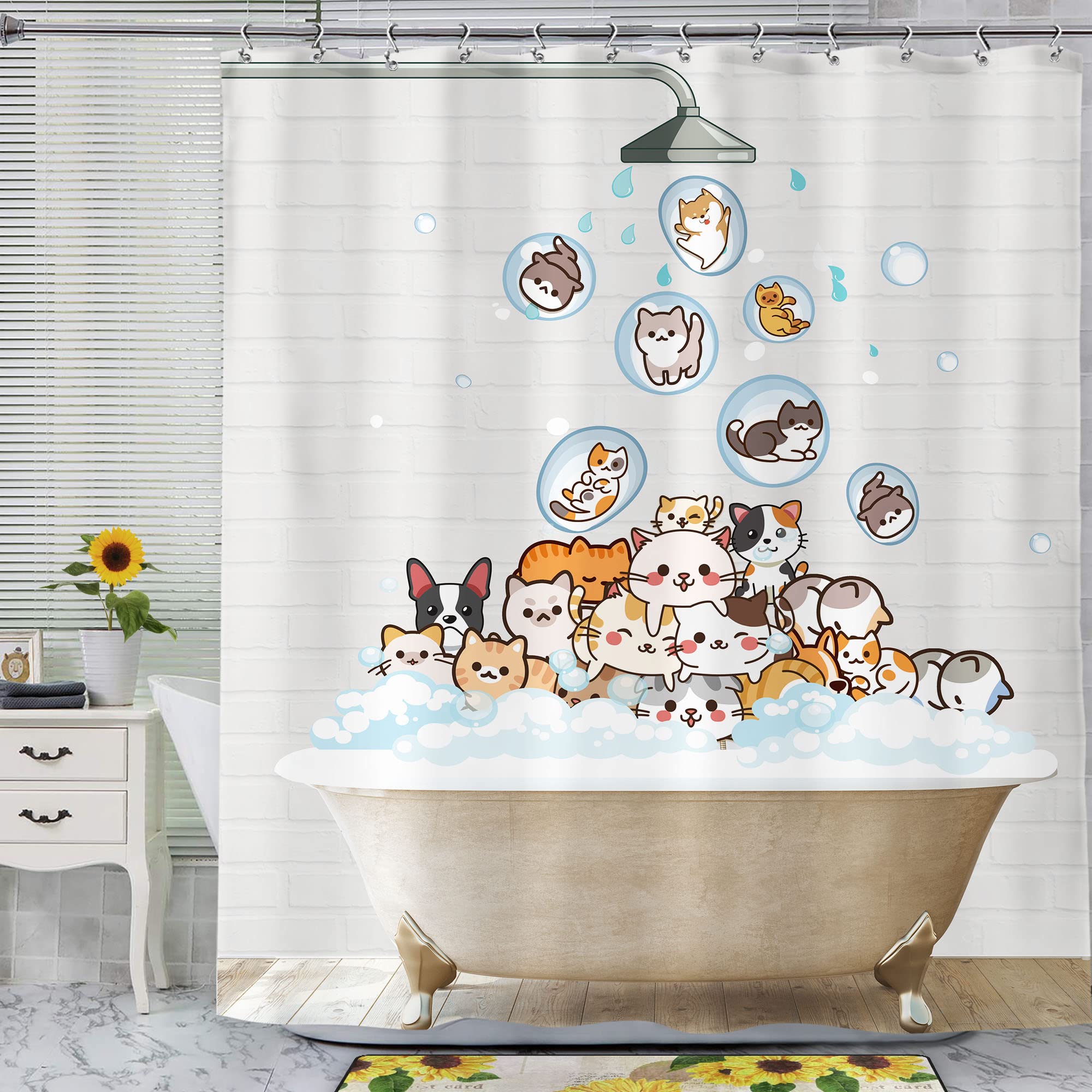 SVBright Cute Raining Cats Shower Curtain 60Wx72L Inch for Kids Cartoon Dog Funny Animals Nursery Lovely Hilarious Pets Playing Water 12 Pack Hooks Fabric Polyester Waterproof Bathroom Bathtub Panels
