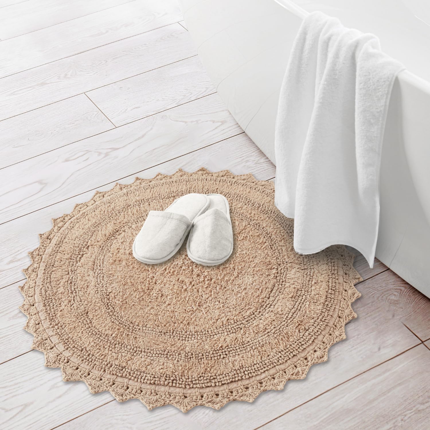 RAJRANG BRINGING RAJASTHAN TO YOU Circle Bathroom Mat for Kitchen and Spa with Crochet Pattern Cotton Absorbent Soft Reversible Woven Bath Rug Sand Round 24 Inches