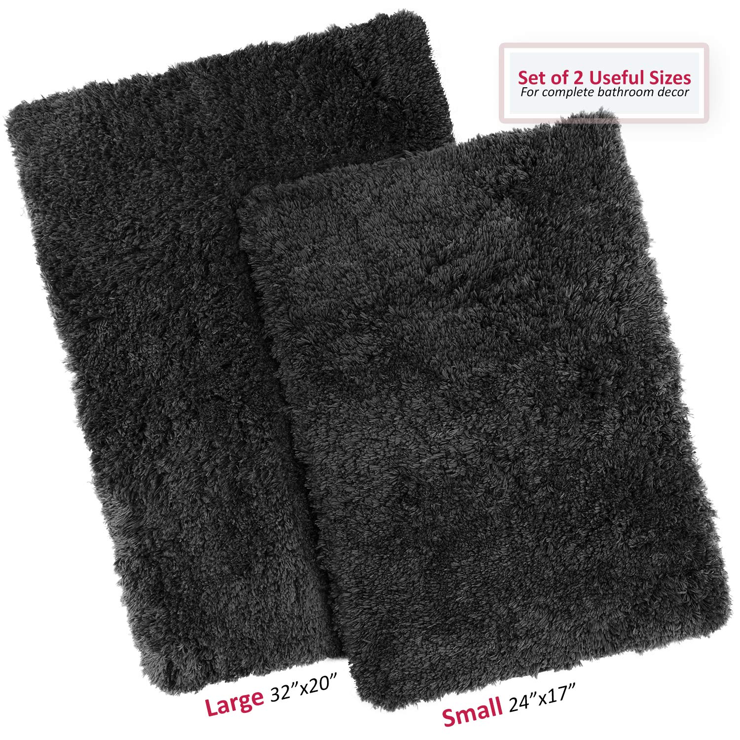 Clara Clark Bathroom Rugs  Ultra Soft Shaggy Bath Rugs - Bath Mats for Bathroom  Machine Wash  Non Slip Backing Rubber  2 Piece Bathroom Rug Set  Black