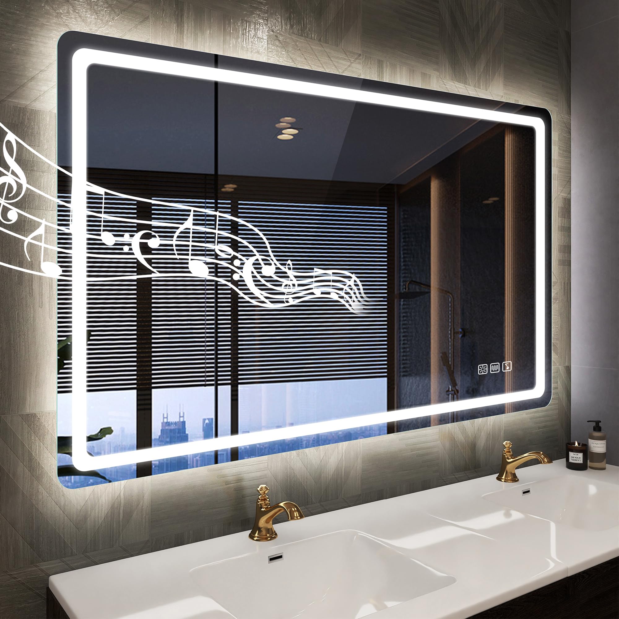 Led-Bathroom-Mirror-With-Lights, 40''X28'' Wall-Mounted With 3 Colors Dimmable Light, Bluetooth Speaker, Anti-Fog, Memory, Tempe