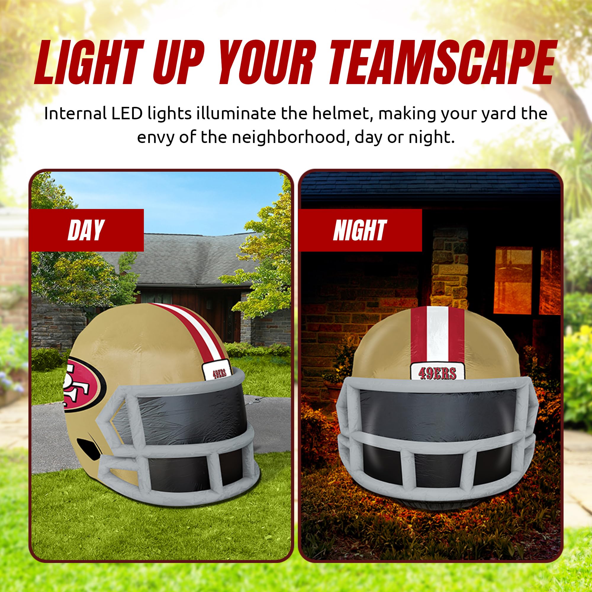 Sporticulture NFL San Francisco 49ers 4ft Inflatable Helmet with LED Lights & Built-in Blower - Merchandise Decor Ideal for Lawn