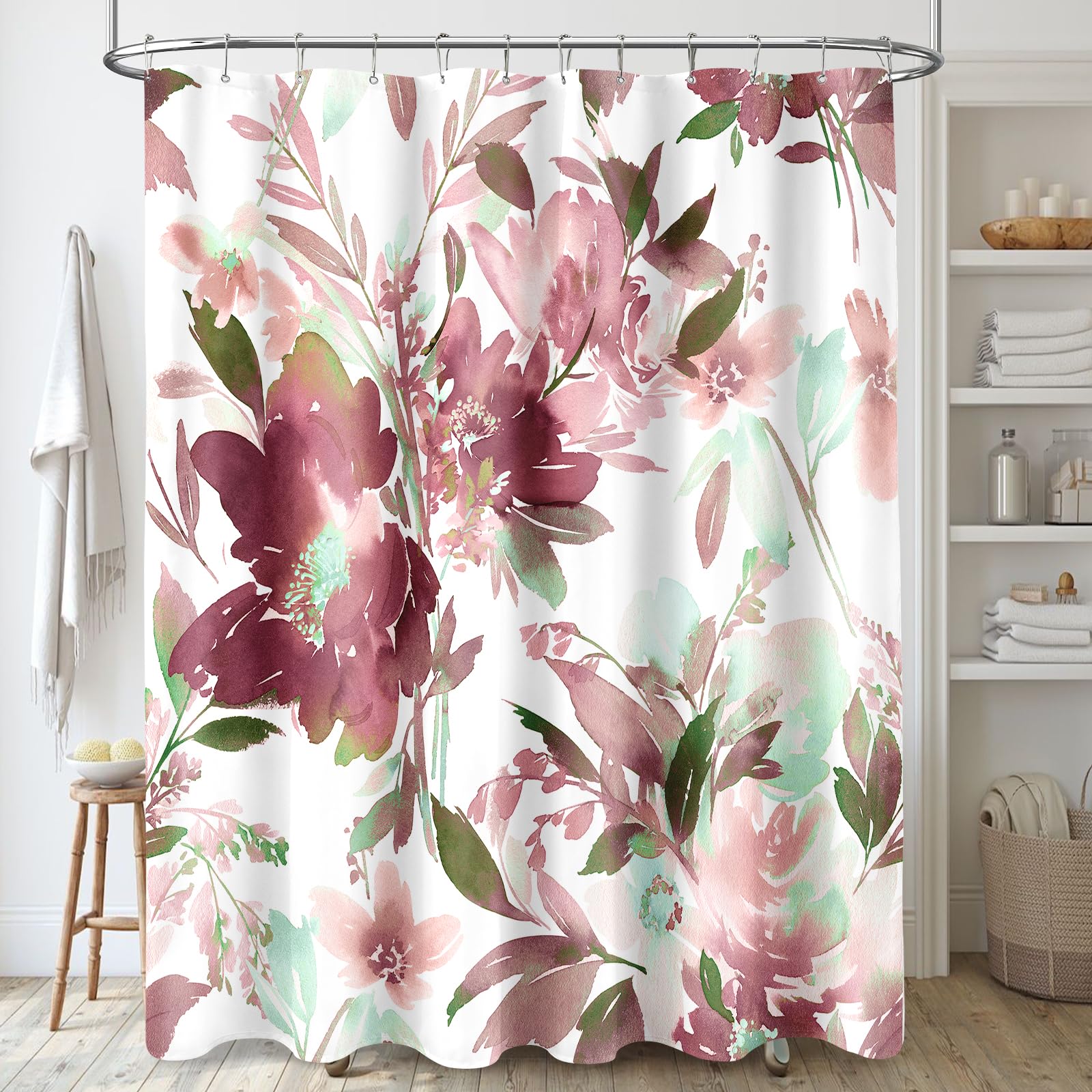 Mayzus Plum Floral Shower Curtain, Watercolor Flower Shower Curtain For Bathroom, Modern Abstract Ink Decorative Fabric Shower C