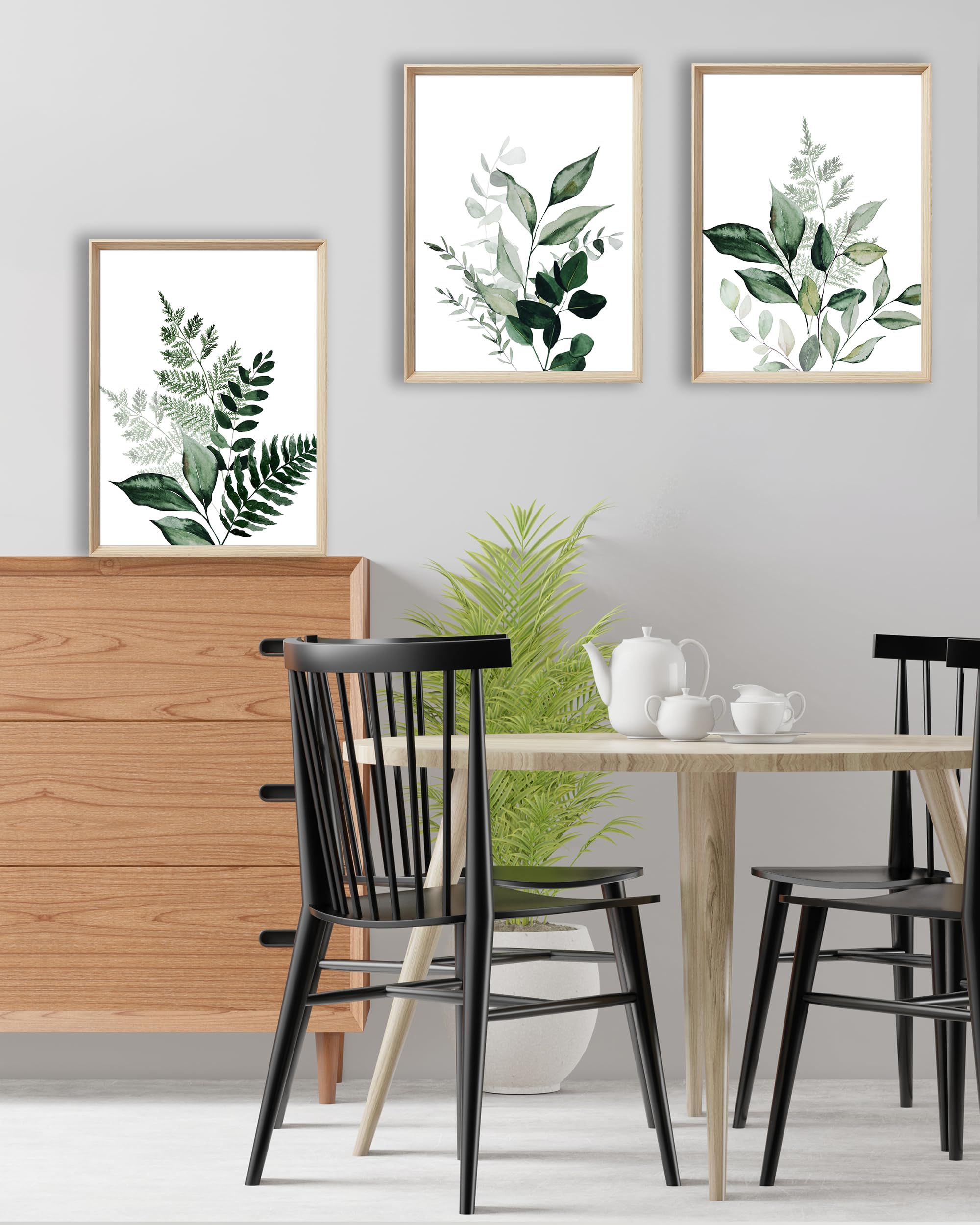 UPWOIGH Framed Green Wall Art(No Plexiglass)  Olive Leafs Canvas Wall Art 16x12in Botanical Wood Bohemia Sage Wall Decor Prints Artworks for Bathroom Bedroom  Plant Neutral Wall Decor Set of 3