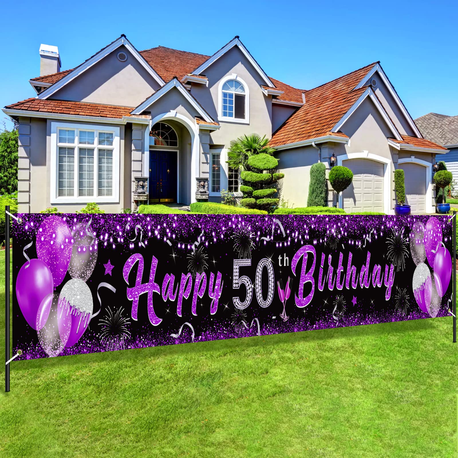 Purple 50Th Birthday Decorations For Women, Black Purple Silver Happy 50Th Birthday Yard Banner Purple 50Th Birthday Yard Sign F
