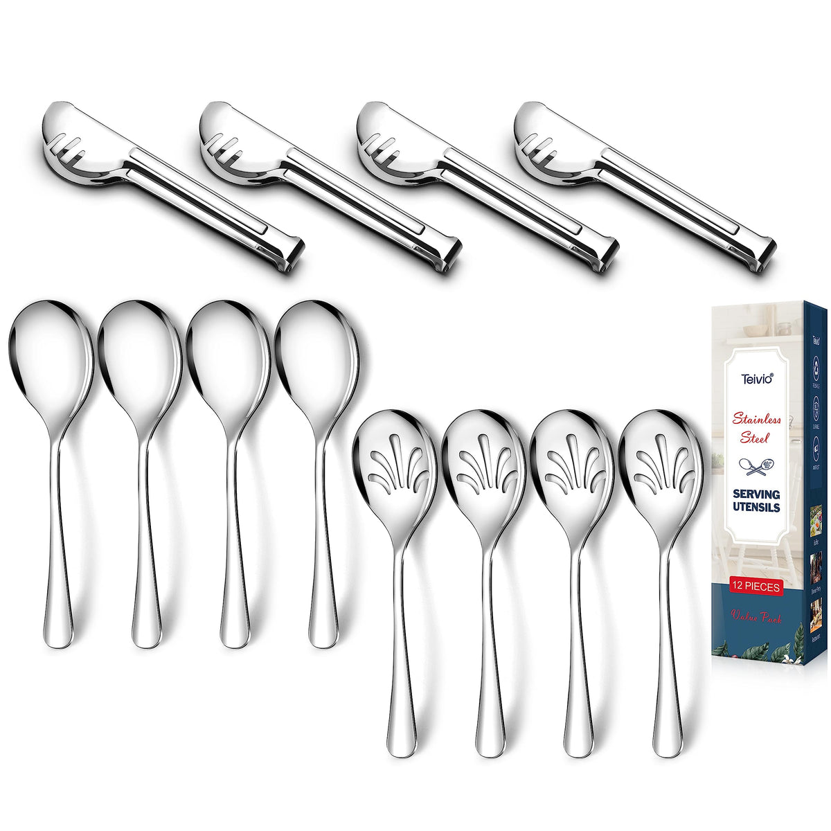 Stainless Steel Metal Serving Utensils - Large Serving Sets-10'' Spoons, 10'' Slotted Spoons And 9'' Tongs By Teivio (Silver, Se