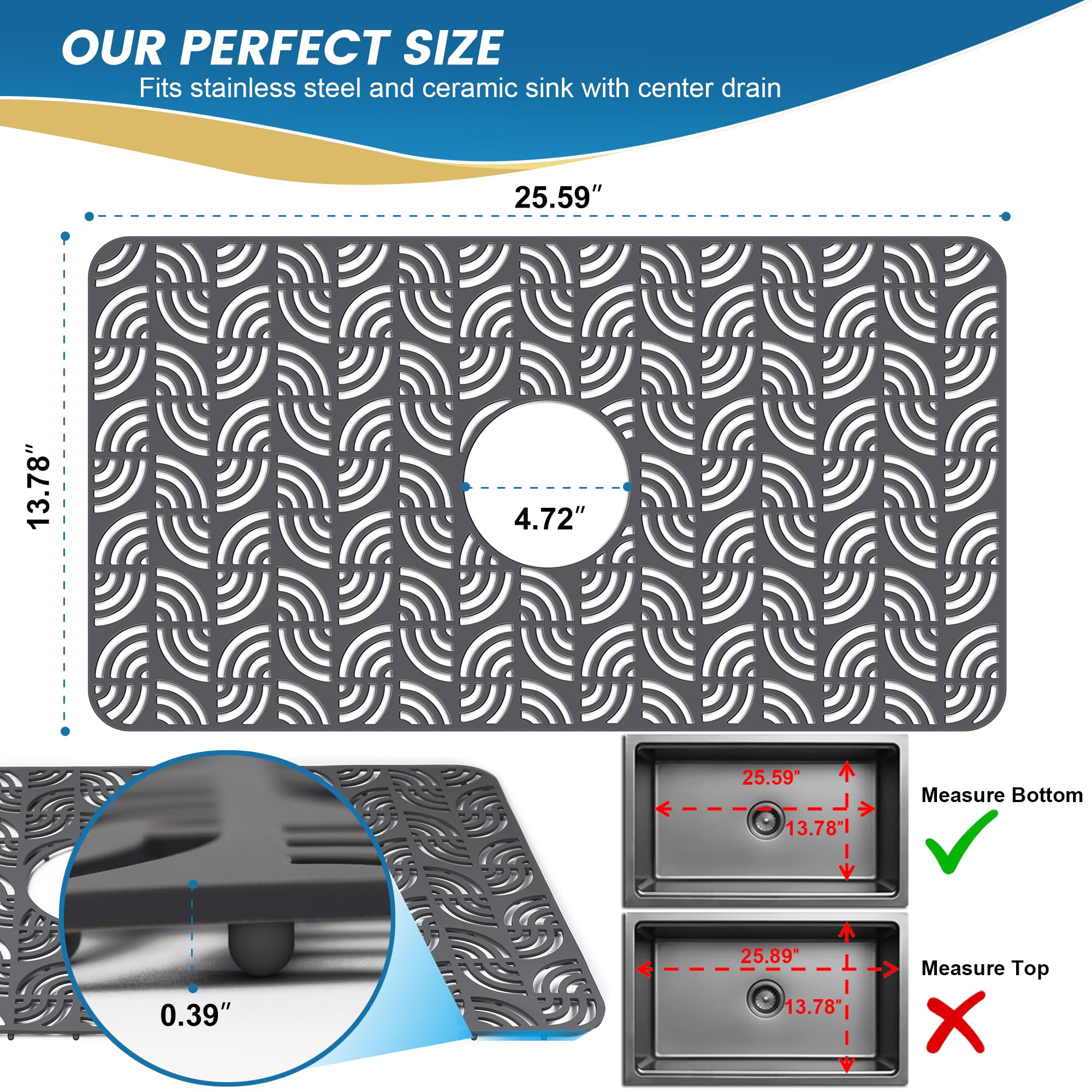 Premium Silicone Sink Protector For Kitchen Sink, 26''X 14''Kitchen Sink Mat Grid With Center Drain, Upgrade Heat Resistant & No