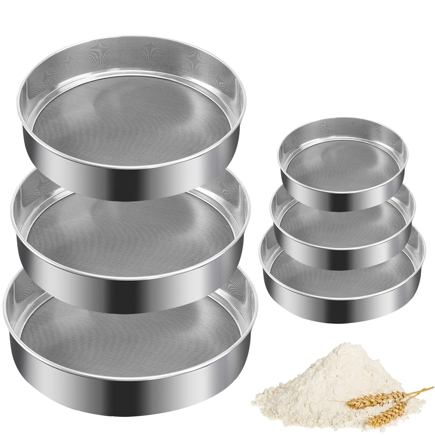 Mdakego 6 Pcs Stainless Steel Flour Sifte,Round Flour Sifter 40 Mesh,Premium Rustproof Flour Sieve Fine Mesh For Baking Cake Bre