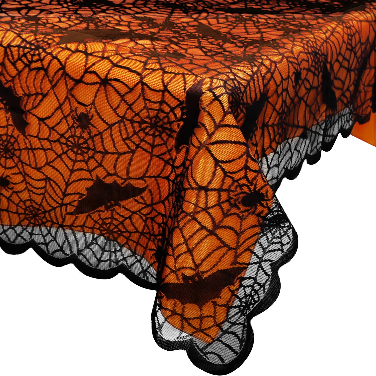 Ourwarm 2Pcs Halloween Tablecloth, Rectangular Polyester Black Lace & Orange Lined Tablecloth, Spider Web Table Cover For Scary