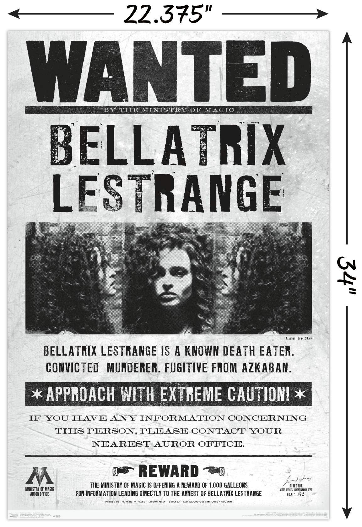 Trends International The Wizarding World: Harry Potter - Bellatrix Wanted Poster Wall Poster, 22.375'' X 34'', Unframed Version