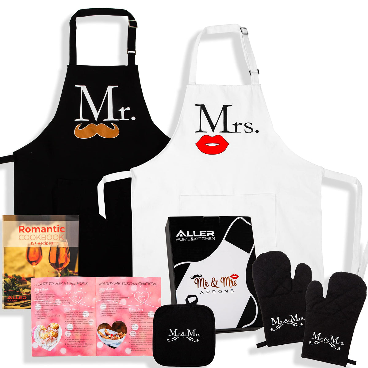 Mr And Mrs Aprons Kitchen Bundle - Includes Adjustable His And Her Aprons, Date Night Cookbook, 2 Oven Mitts & 1 Pot Holder - Pe