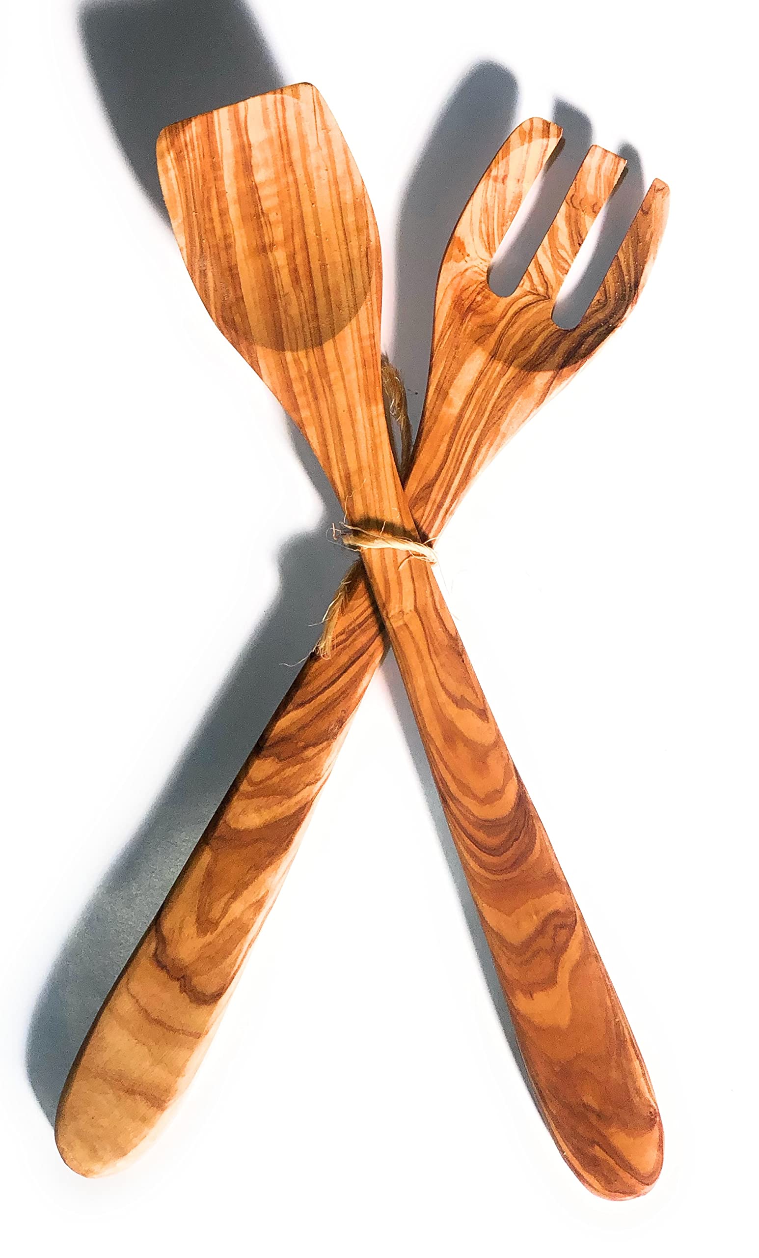 2 Pc 14'' Long Handle Artisan Olive Wood Salad Server Set- By Orchard Hardwoods- Handmade Salad Spoon And Fork For Serving Salad