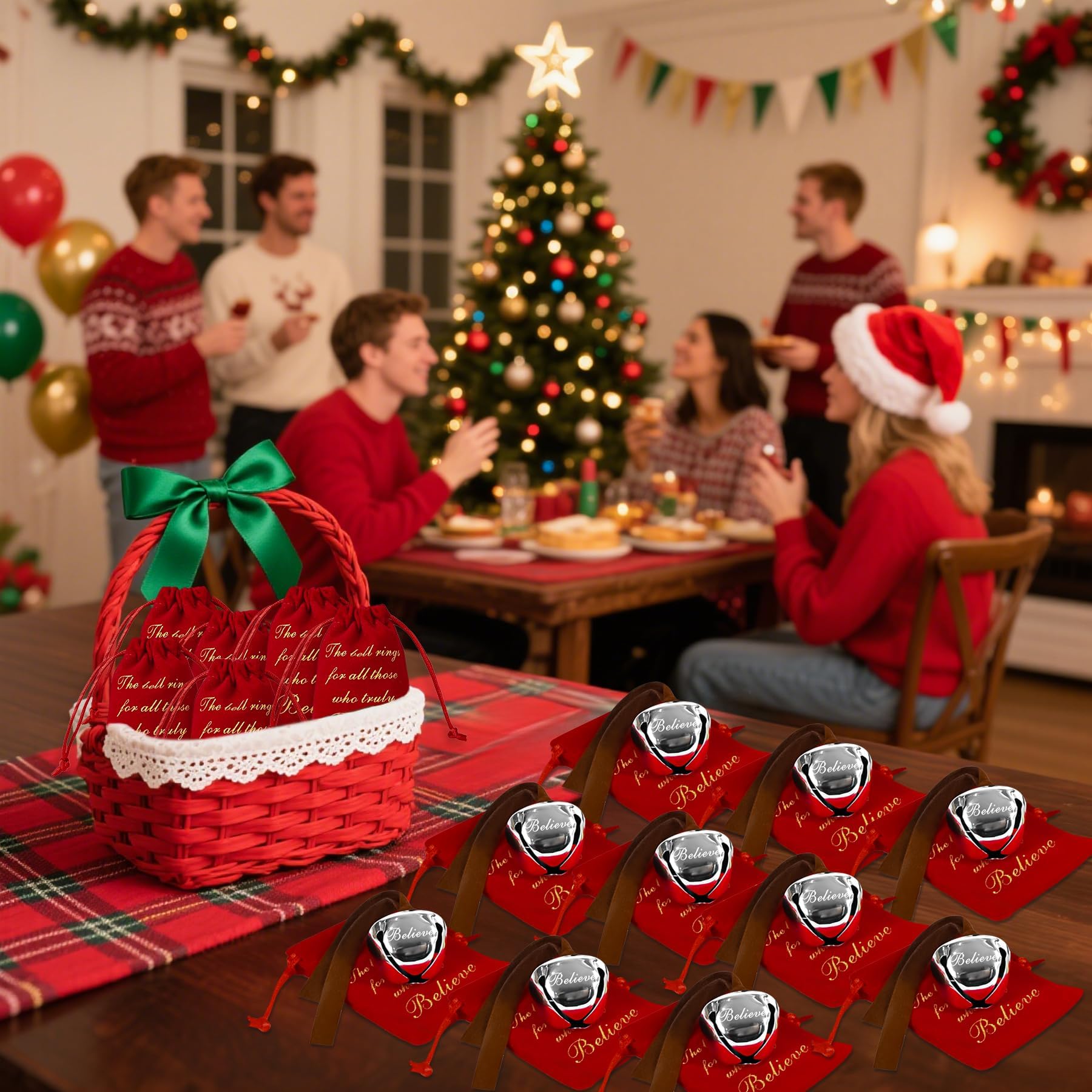 25 Set Christmas Believe Bells Bulk Polar Santa Sleigh Bells Santa Gifts Silver Reindeer Bell Ornaments with Red Velvet Bags for