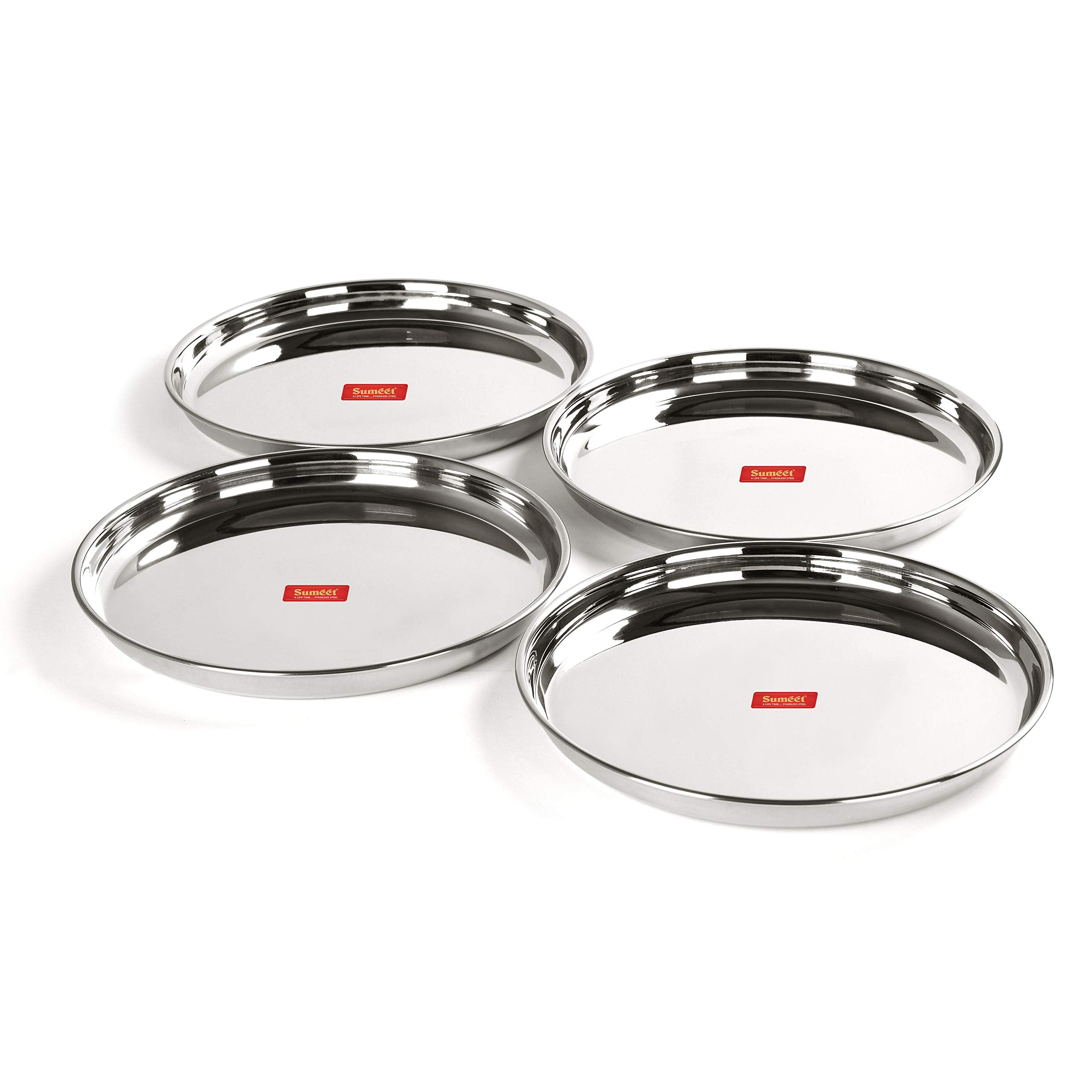 Sumeet Stainless Steel Heavy Gauge Deep Wall Dinner Plates With Mirror Finish 29Cm Dia - Set Of 4Pc