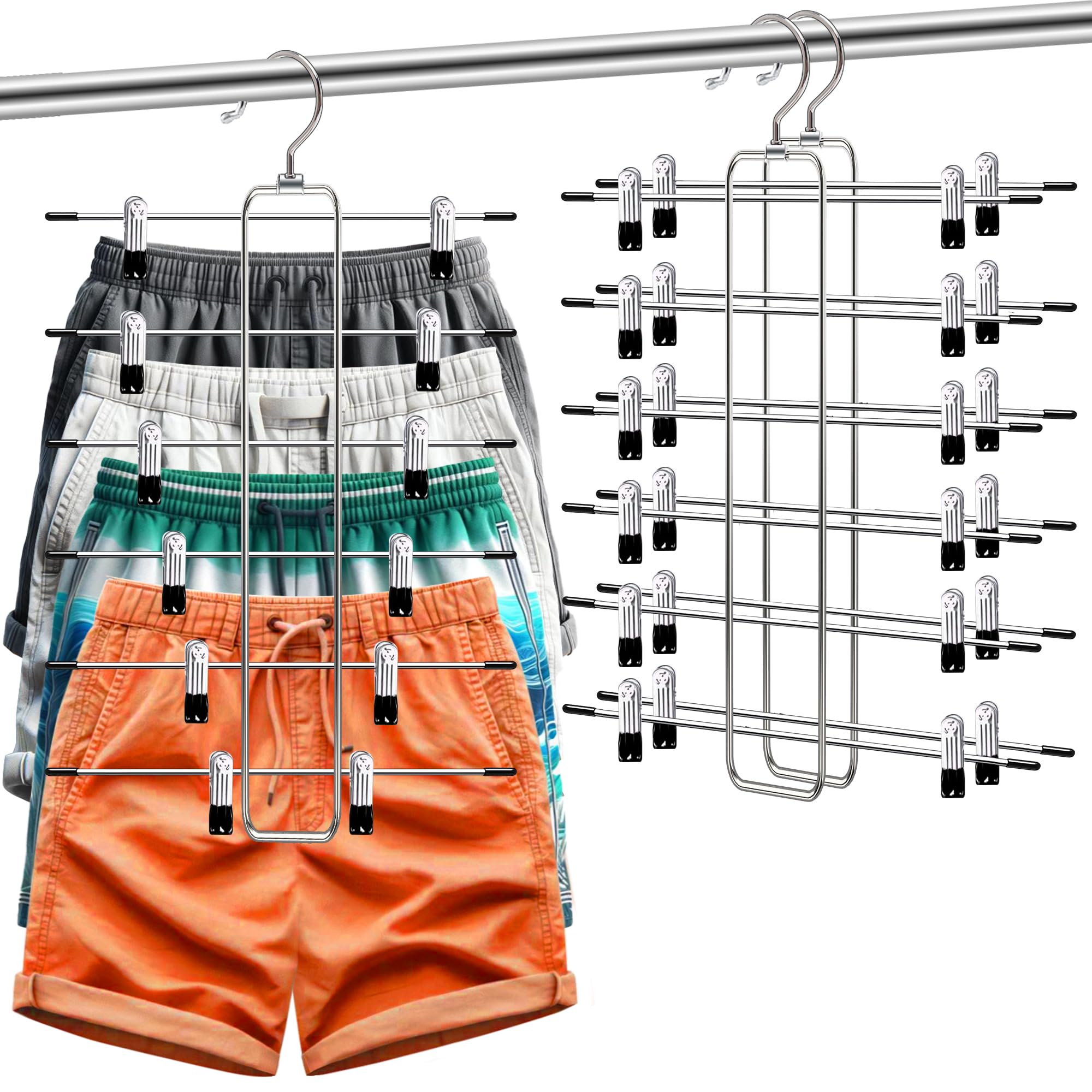 2 Pack Closet-Organizers-And-Storage,6 Tier Mens-Shorts Pants-Hangers-Space-Saving,Skirt-Hangers With Clips For Closet Organizer