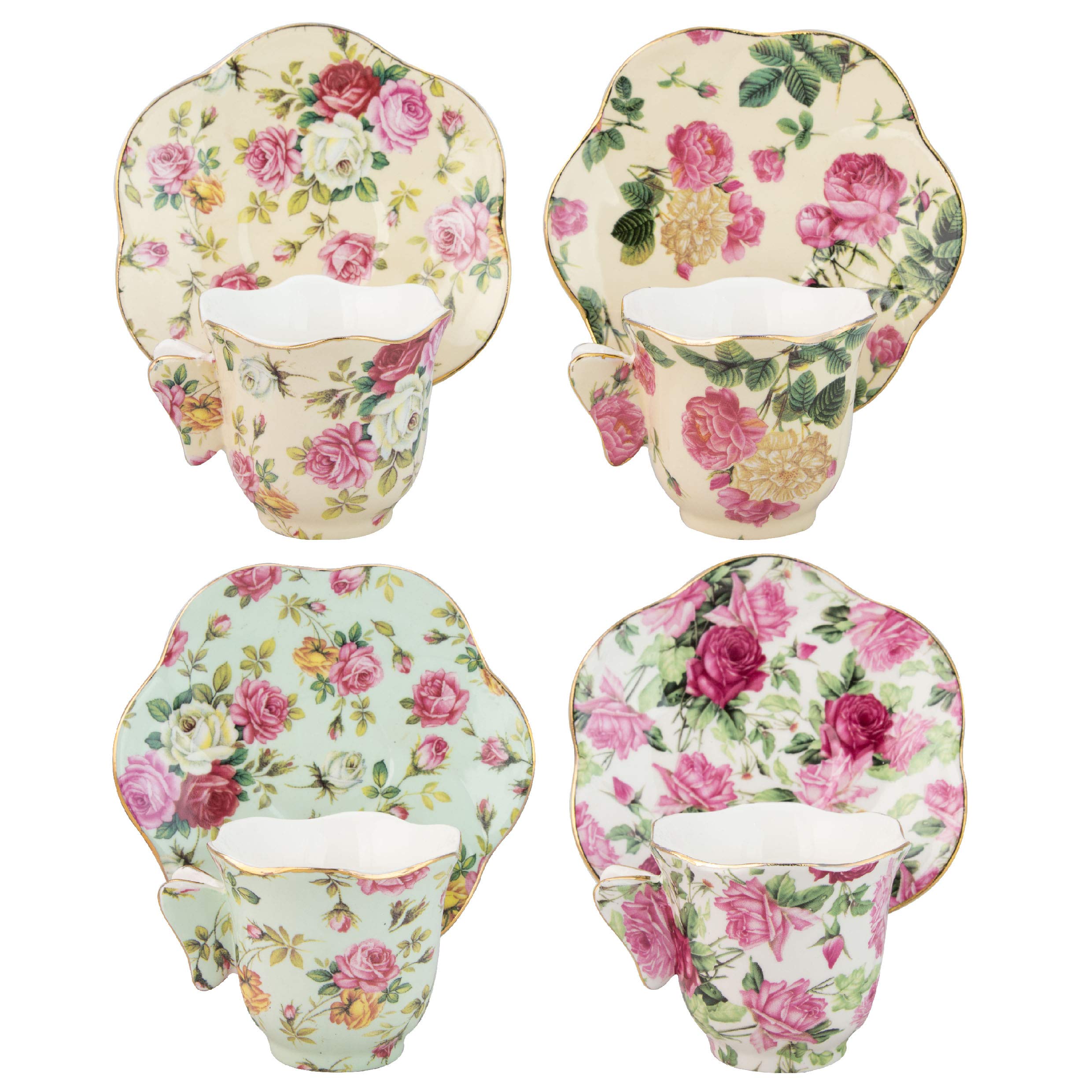 Gracie China Rose Chintz 2-Ounce Porcelain Espresso Cup And Saucer With Butterfly Handles, Set Of 4