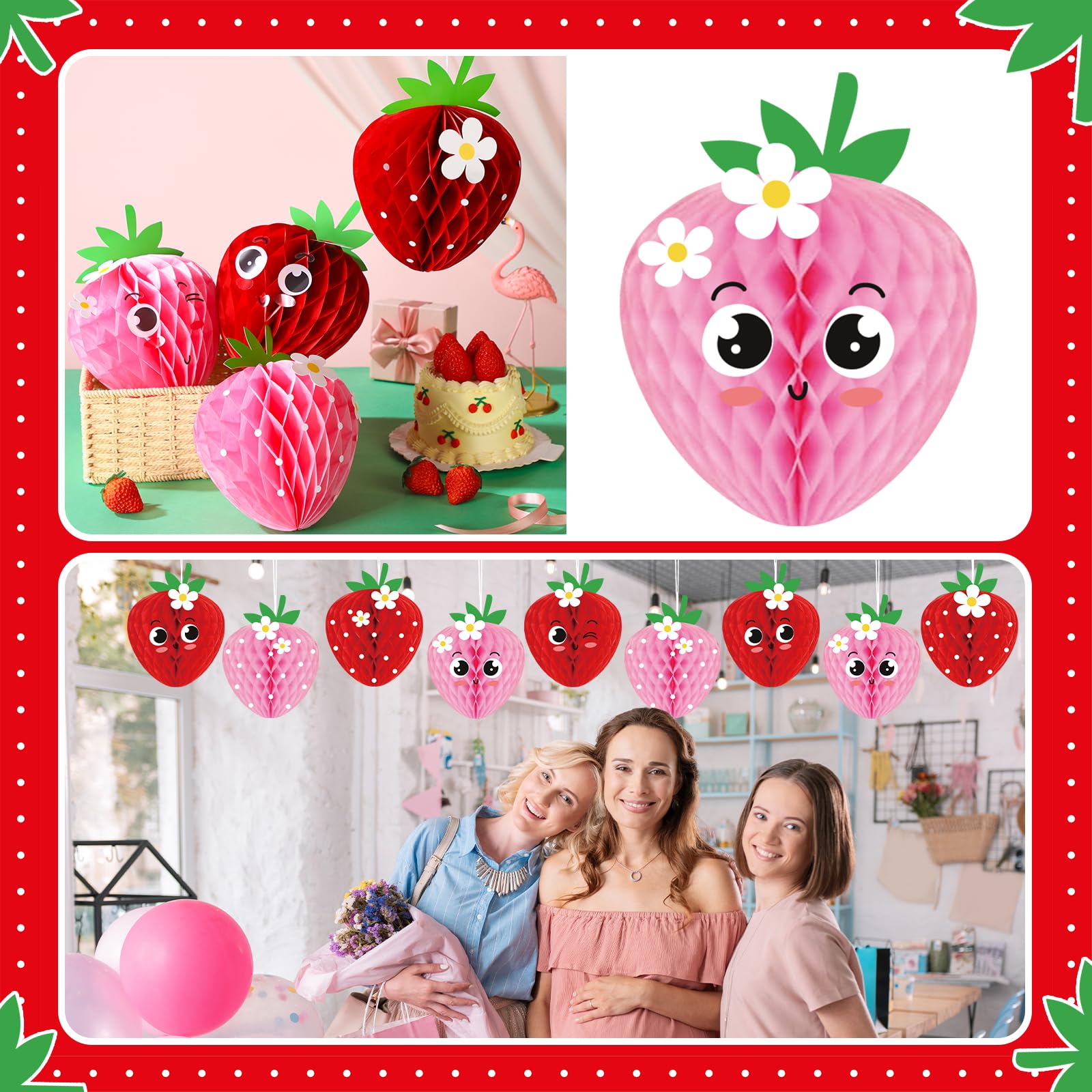 Willbond 9 Pcs Strawberry Honeycomb Balls Strawberry Birthday Party Supplies Favors Strawberry Table Centerpieces Tissue Paper H