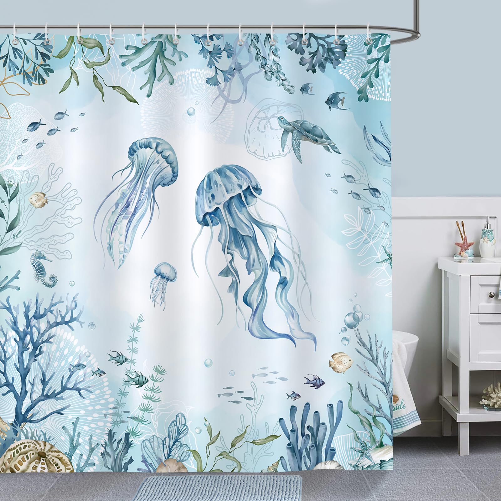 Bonhause Nautical Coastal Jellyfish Shower Curtain, Teal Ocean Theme Underwater Sealife Coral Seahorse Sea Turtle Bathroom Curta