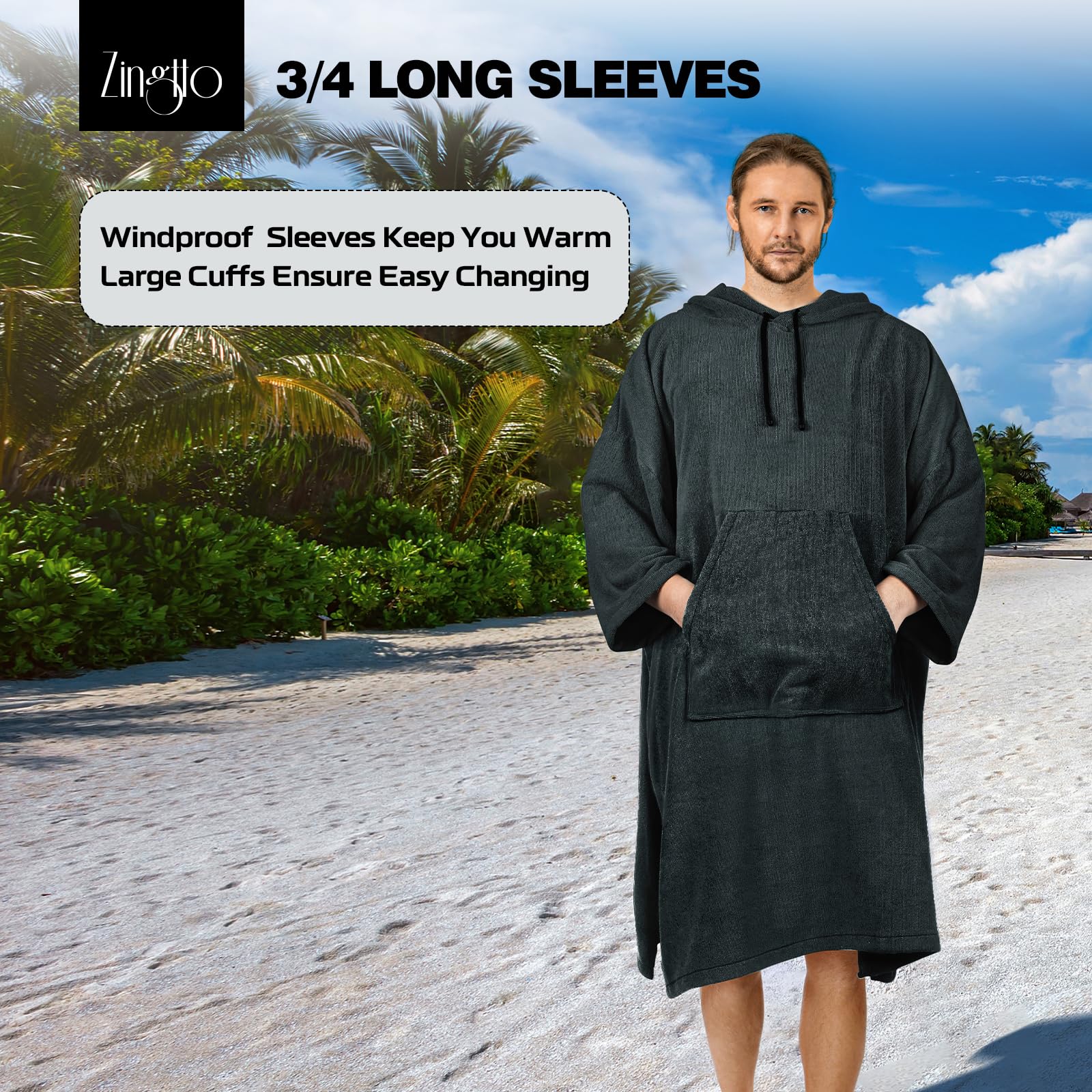 Zingtto Surf Poncho Changing Robe, 3/4 Sleeve Extra Large Thick Hoodie Towel Poncho For Men Women Beach Swimming, 43'' X 35'', B