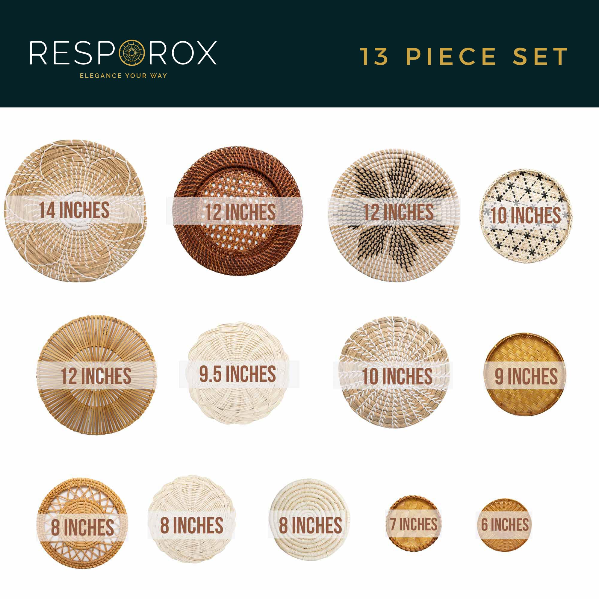 Resporox Elegance Your Way Set Of 13 Hanging Woven Baskets For Wall Decor - Handcrafted Bamboo, Rattan & Seagrass Baskets Come W