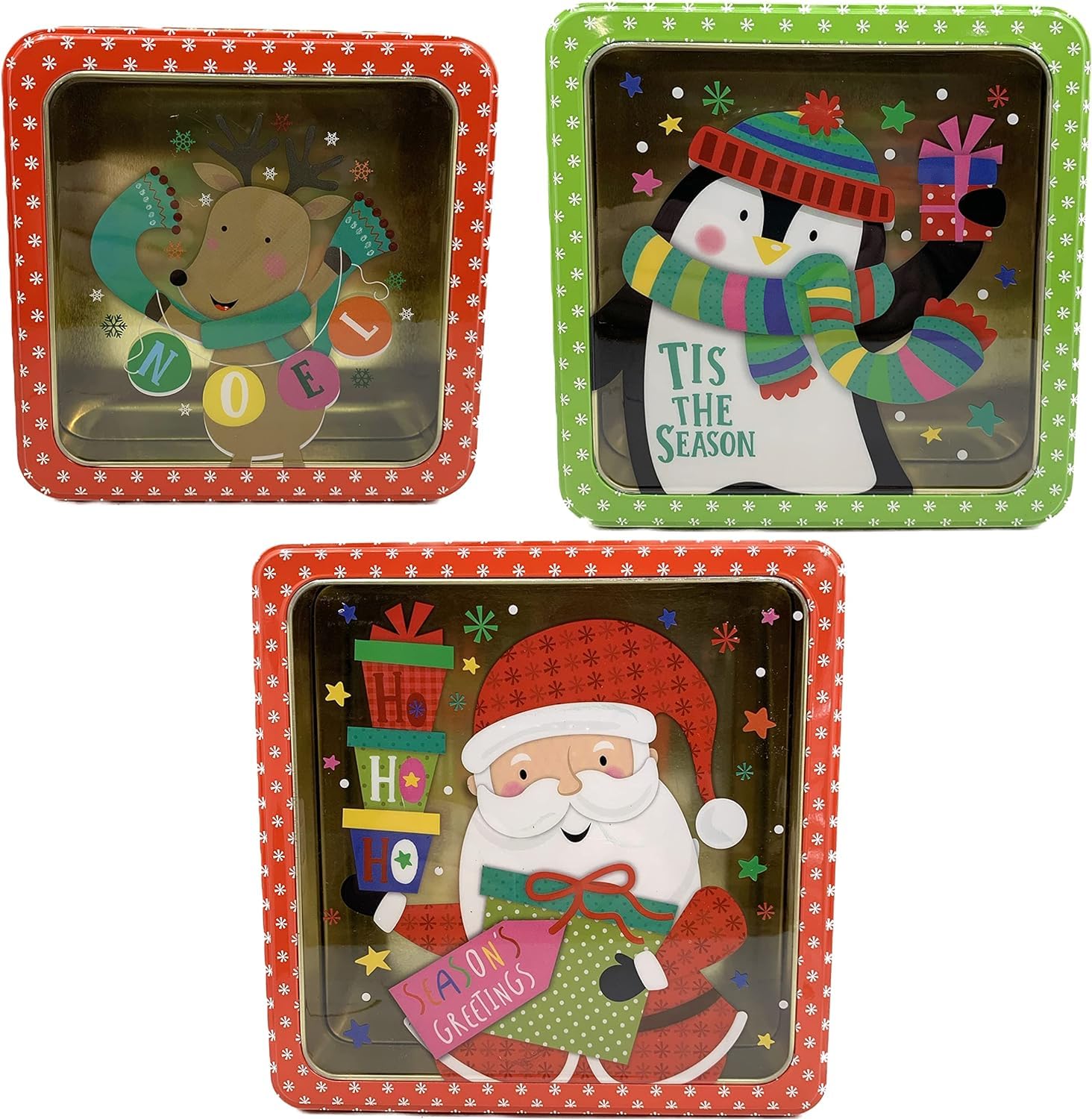 Alef Christmas/Holiday Set Of 3 Decorative Nesting Tins (Square W/Clear Window Lid)
