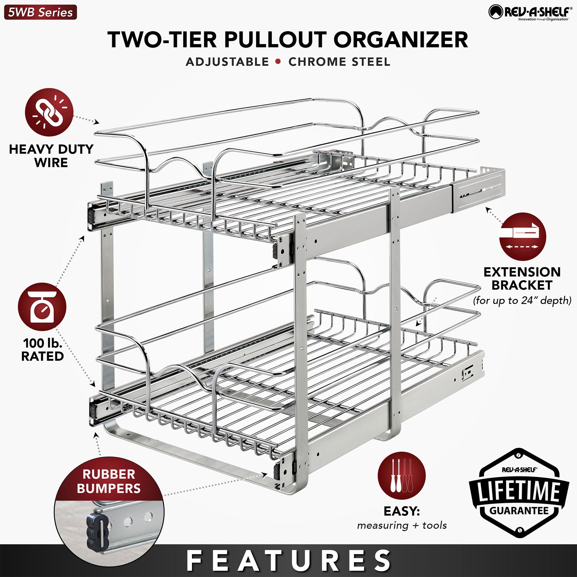 Rev-A-Shelf 2-Tier Kitchen Cabinet Pullout Shelf And Drawer Organizer Slide Out Pantry Storage Basket In Multiple Sizes, 15 X 22