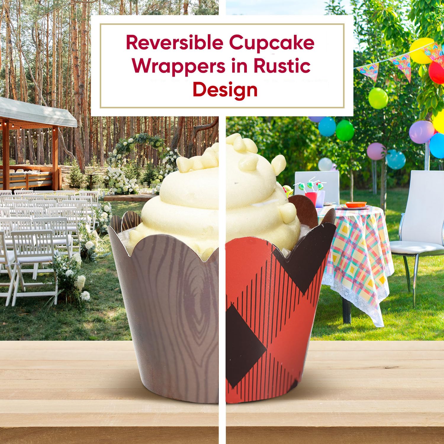 Red Buffalo Plaid Wood Reversible Cupcake Wrappers, Woodland Lumberjack Birthday Party Supplies, Camping, Wild One, Bachelorette