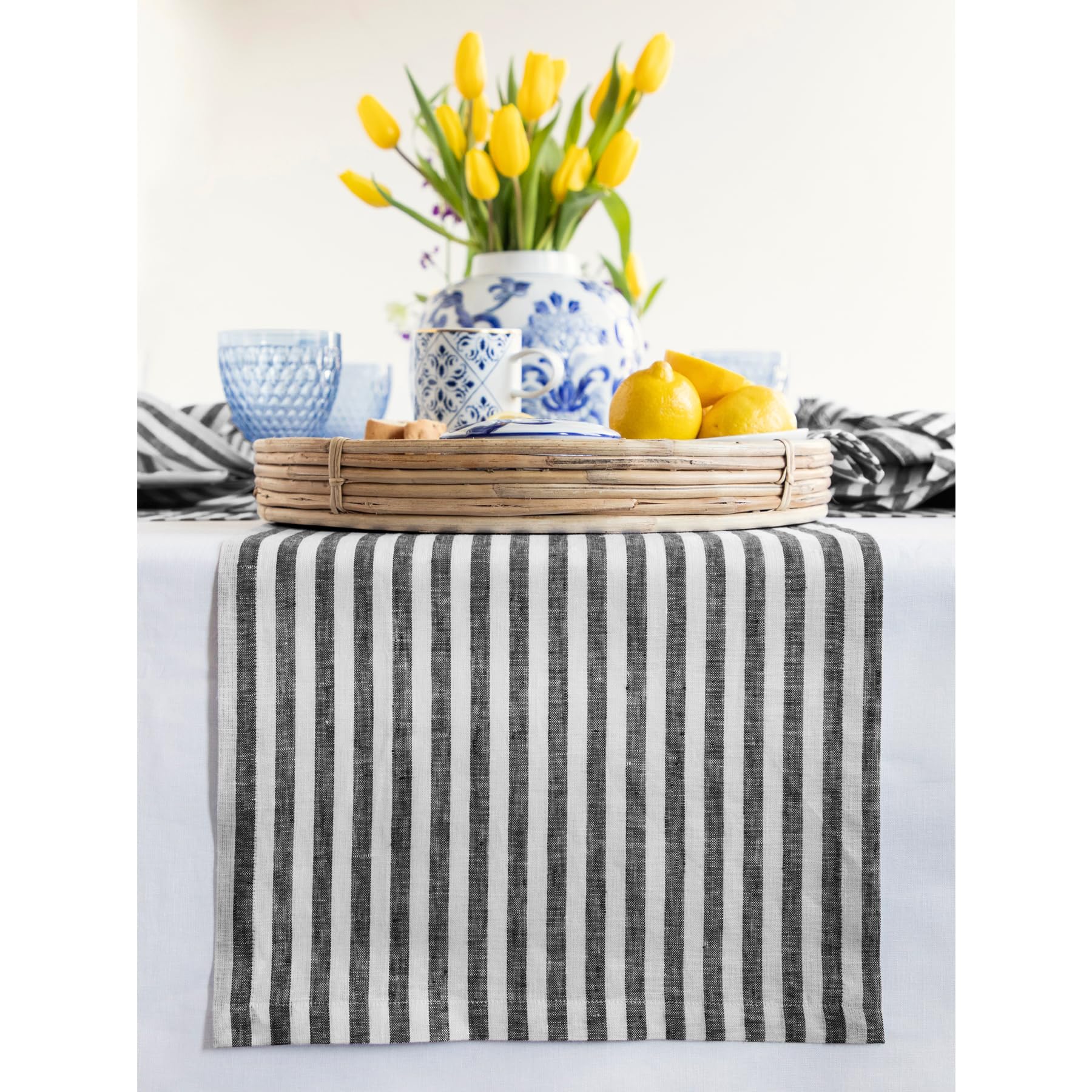 Solino Home Stripe Linen Table Runner 48 Inches Long - 100% Pure Linen 14 X 48 Inch Table Runner, Black And White Amalfi Stripe