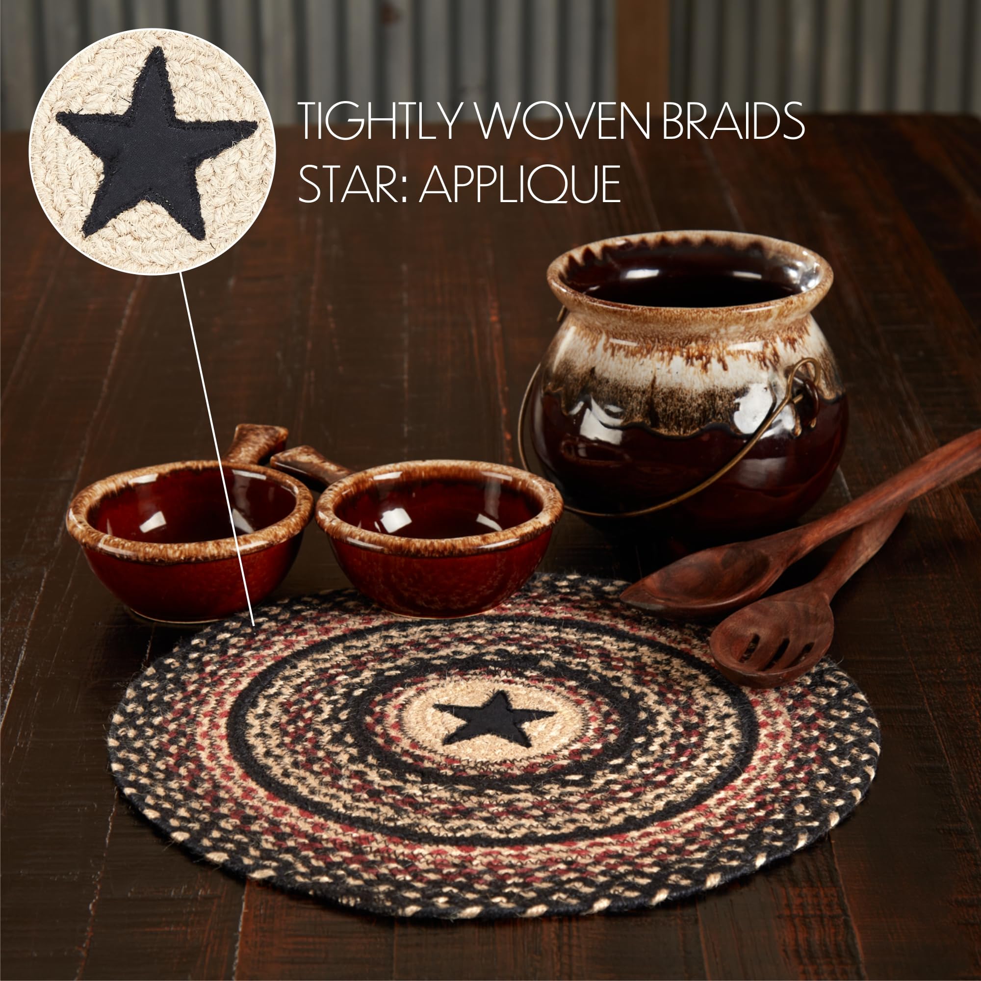 Vhc Brands Colonial Star Trivet Hot Pad For Pots Pans, Tan Black Red, Jute Blend, Round Circle, 15 Inches