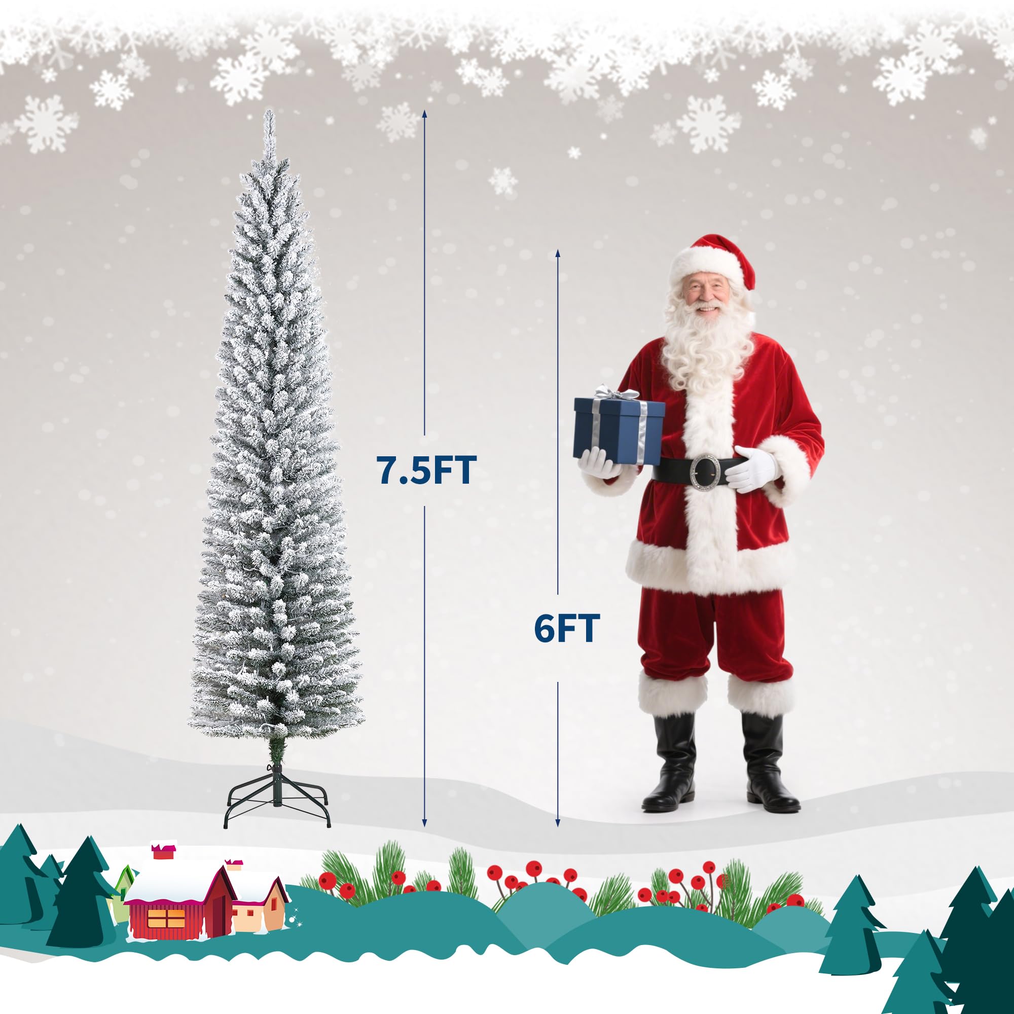 7.5Ft Pre-Lit Snow Flocked Pencil Christmas Tree, Fir Hinged Slim Skinny Corner Xmas Tree with 155 Incandescent Warm White Light