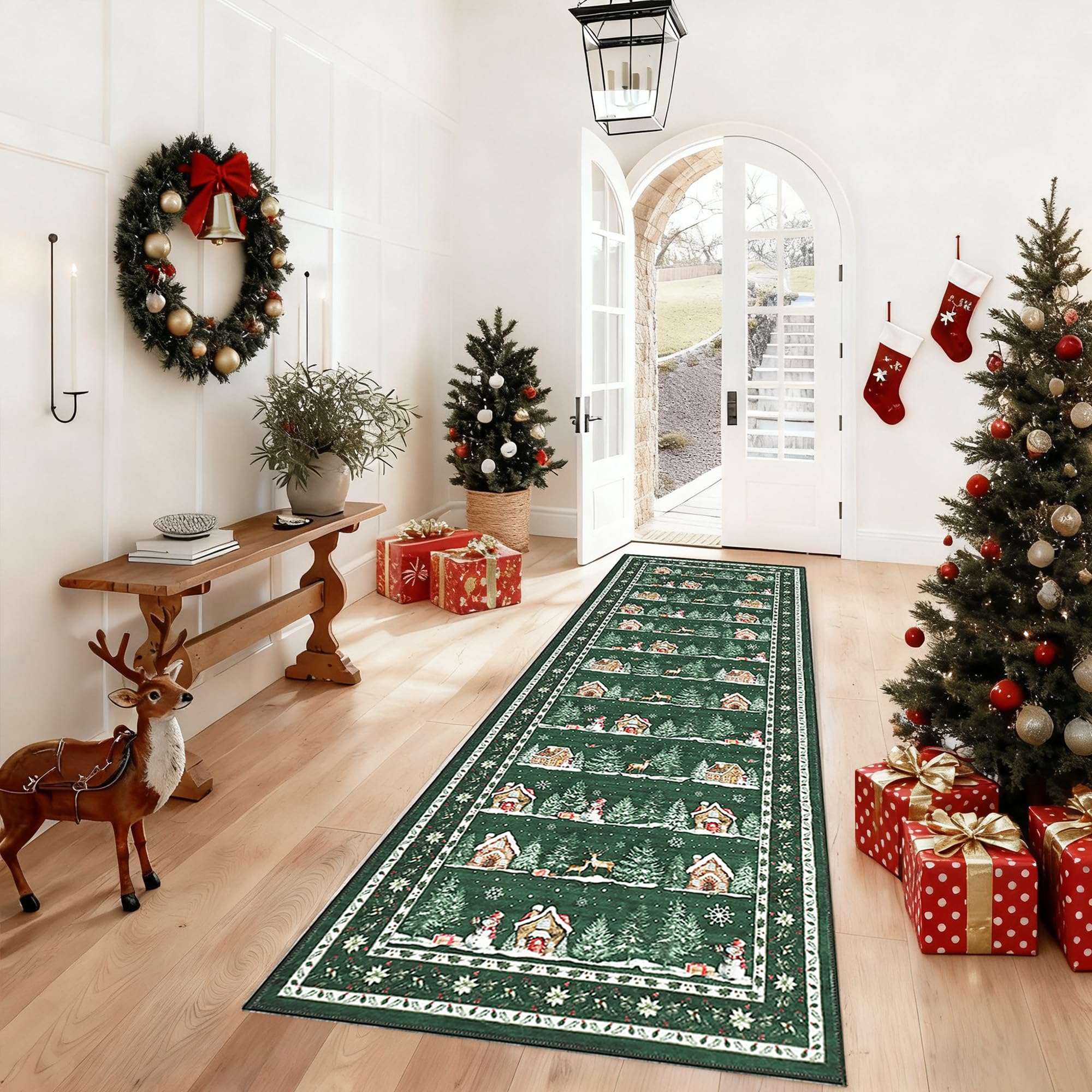 GarveeHome Christmas Runner Rug 2x10 for Entryways Non Slip Backing Machine Washable Stain Resistant Christmas Tree Green Rugs L