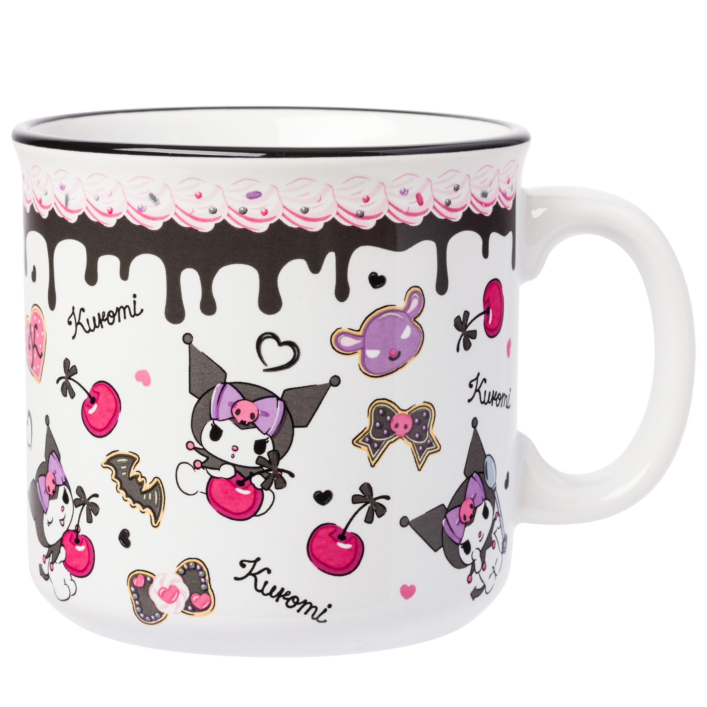 Silver Buffalo Sanrio Hello Kitty and Friends Kuromi Cherries and Black Hearts Ceramic Camper Mug, 20 Ounces
