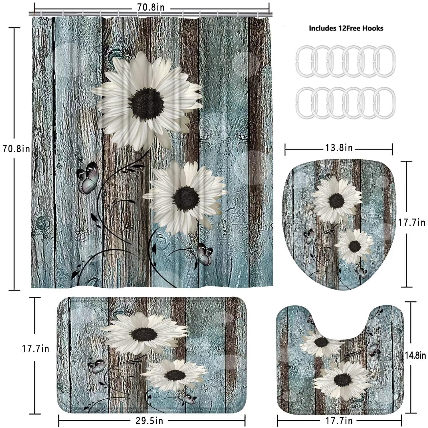 Azhm White Daisy Flower Shower Curtain Sets With Rugs 4 Piece Rustic Flower Floral Wood Panel Bathroom Decor Set With Non-Slip R